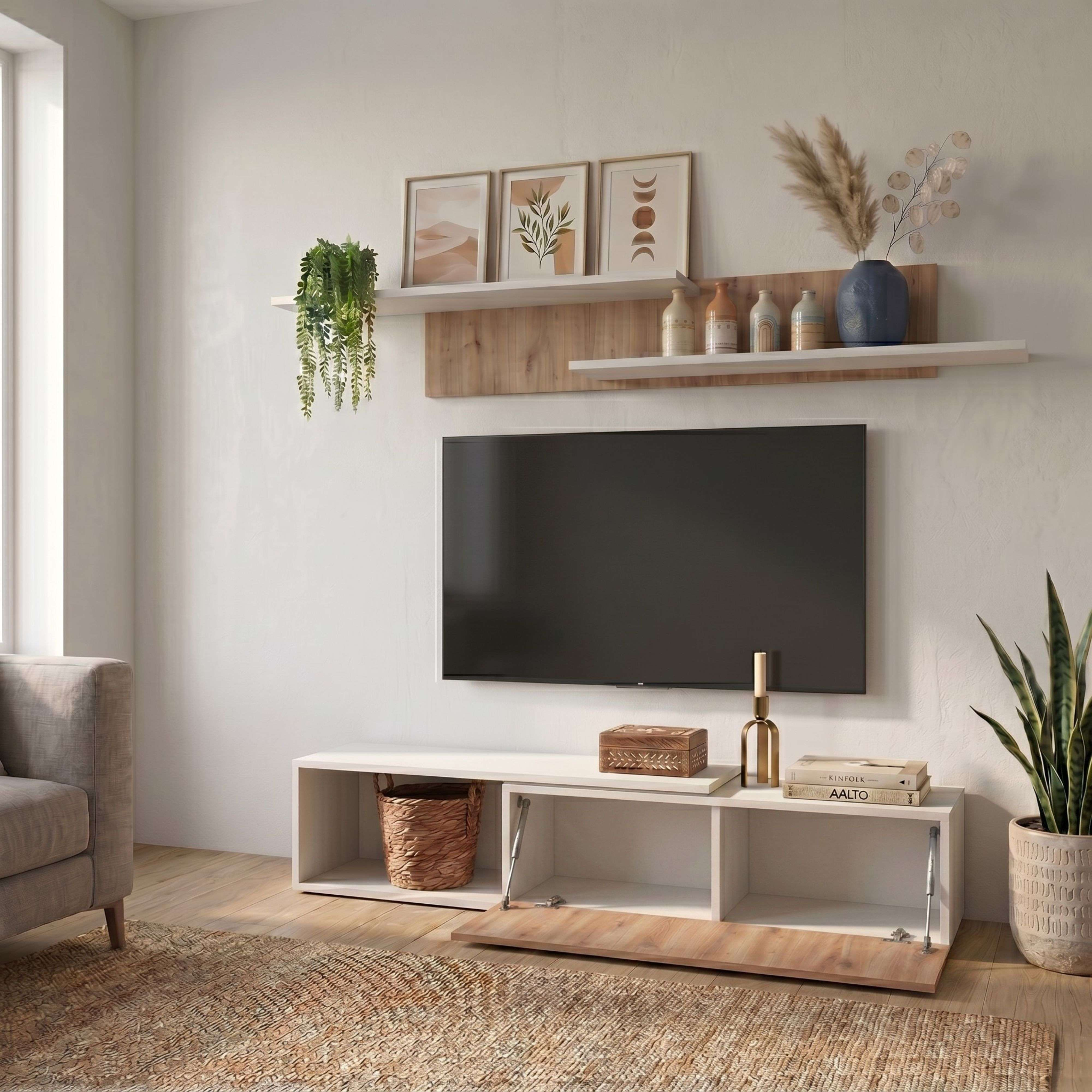 Una sala de estar con TV, estante y sofá.