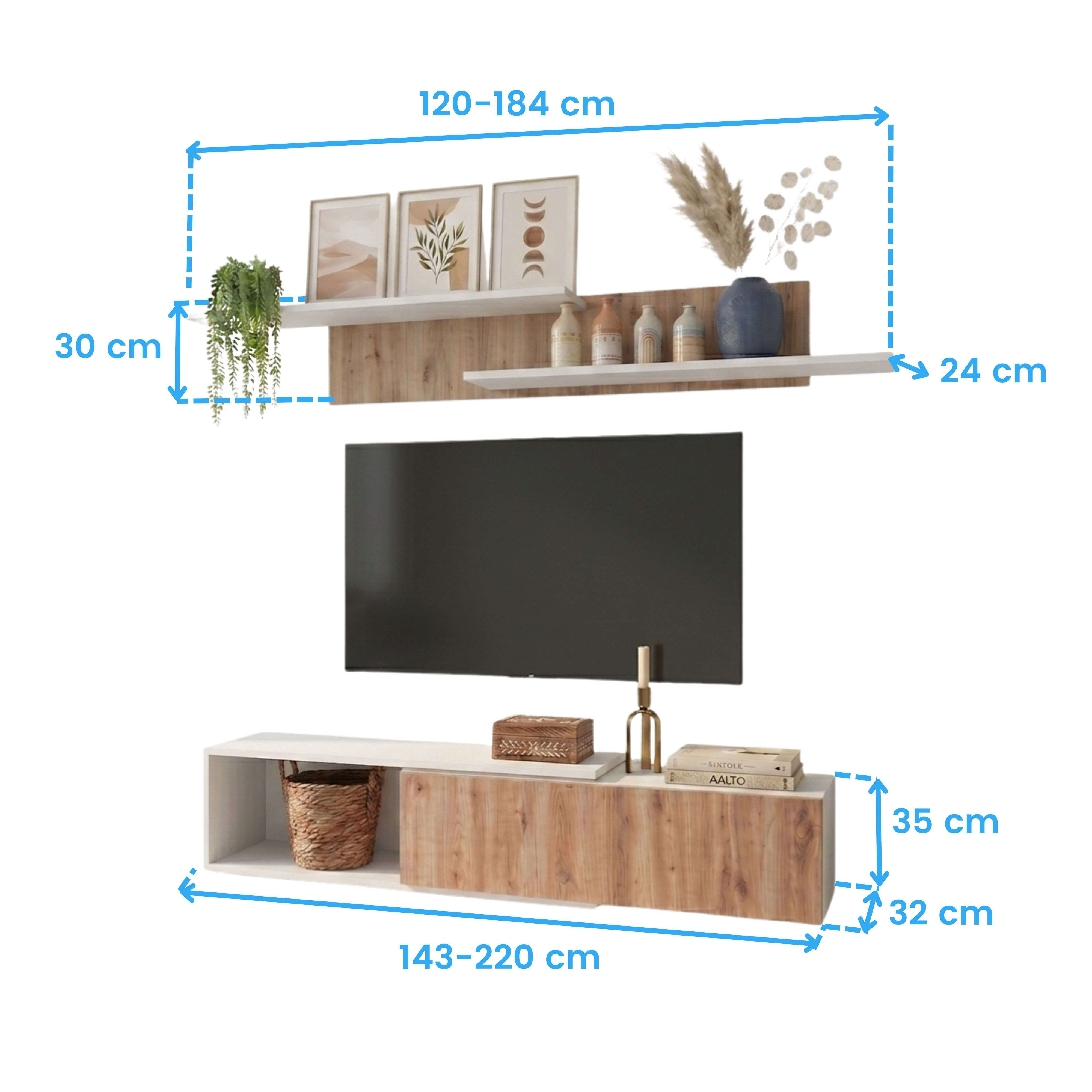 Un mueble de TV con un televisor encima, estantes con decoración y plantas.