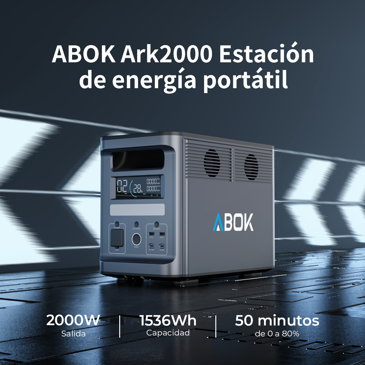 Estación de energía portátil gris ABOK Ark2000 con pantalla digital y puertos.