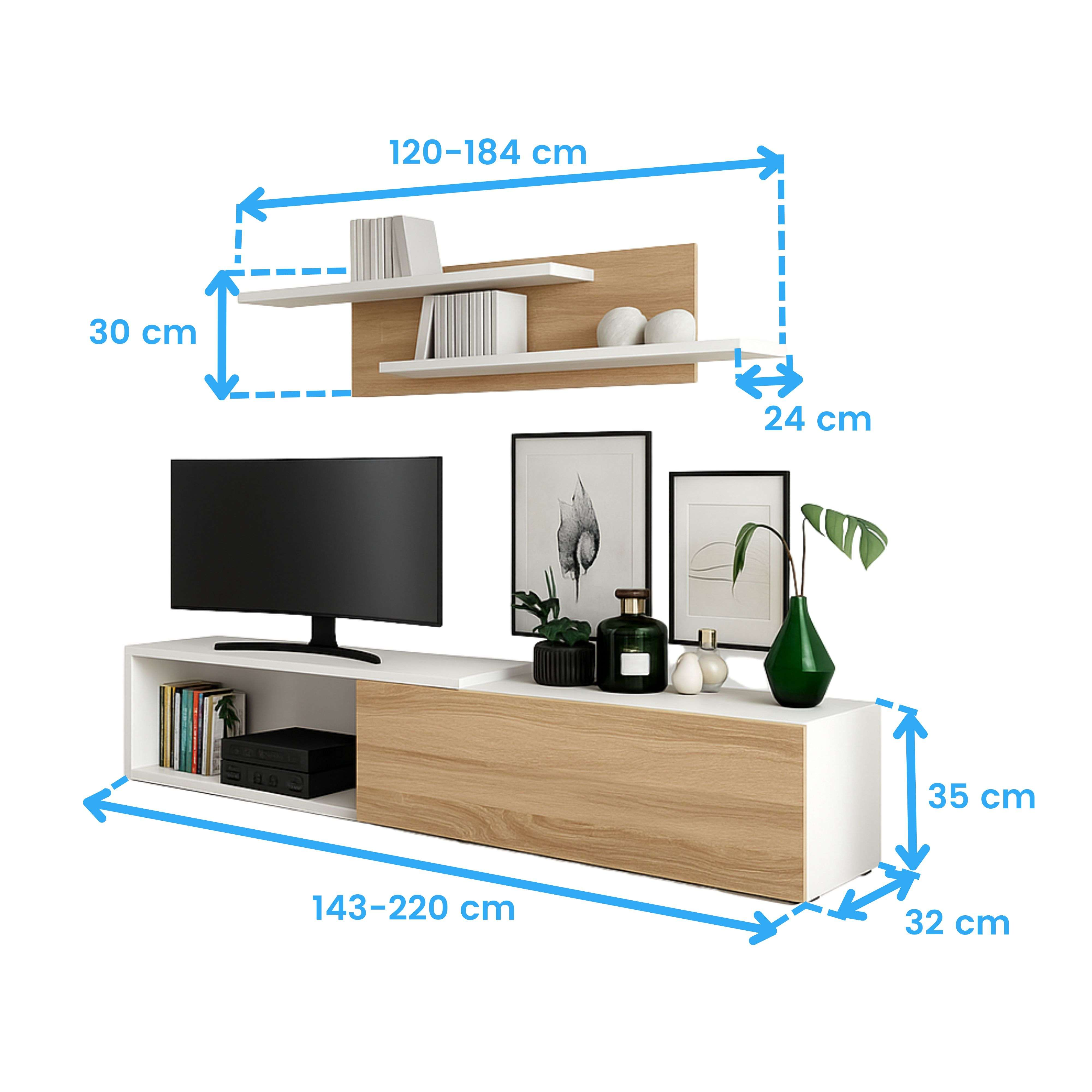 Un mueble de TV con un estante encima, se indican las dimensiones.