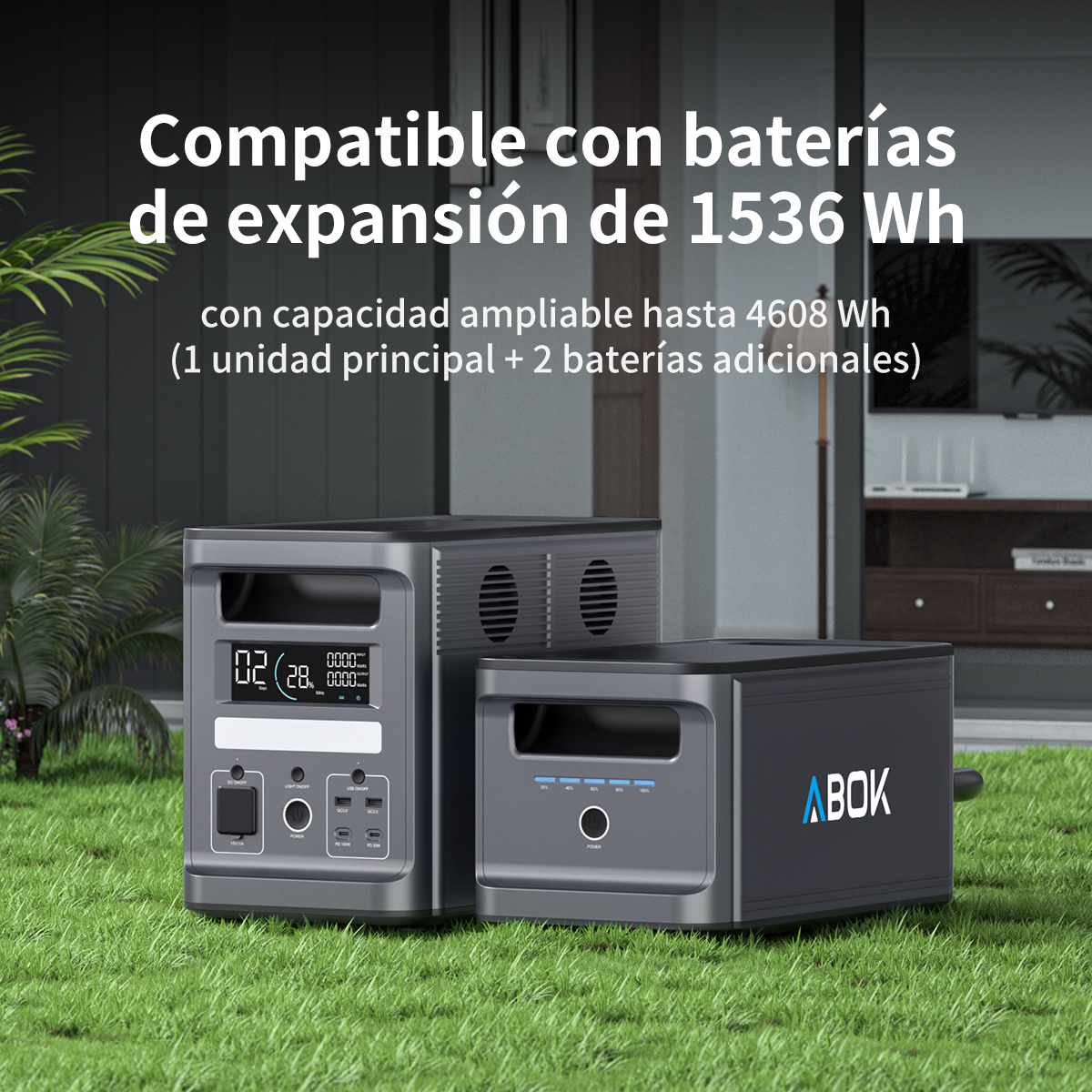 Dos estaciones de energía grises con pantallas sobre césped, compatibles con baterías de 1536 Wh.