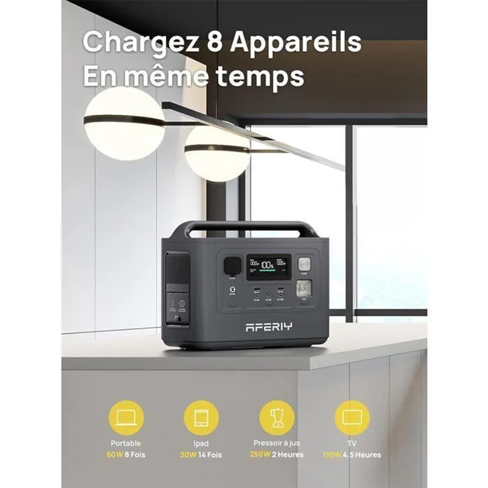 Estación de energía gris con pantalla en mesa, carga 8 dispositivos.