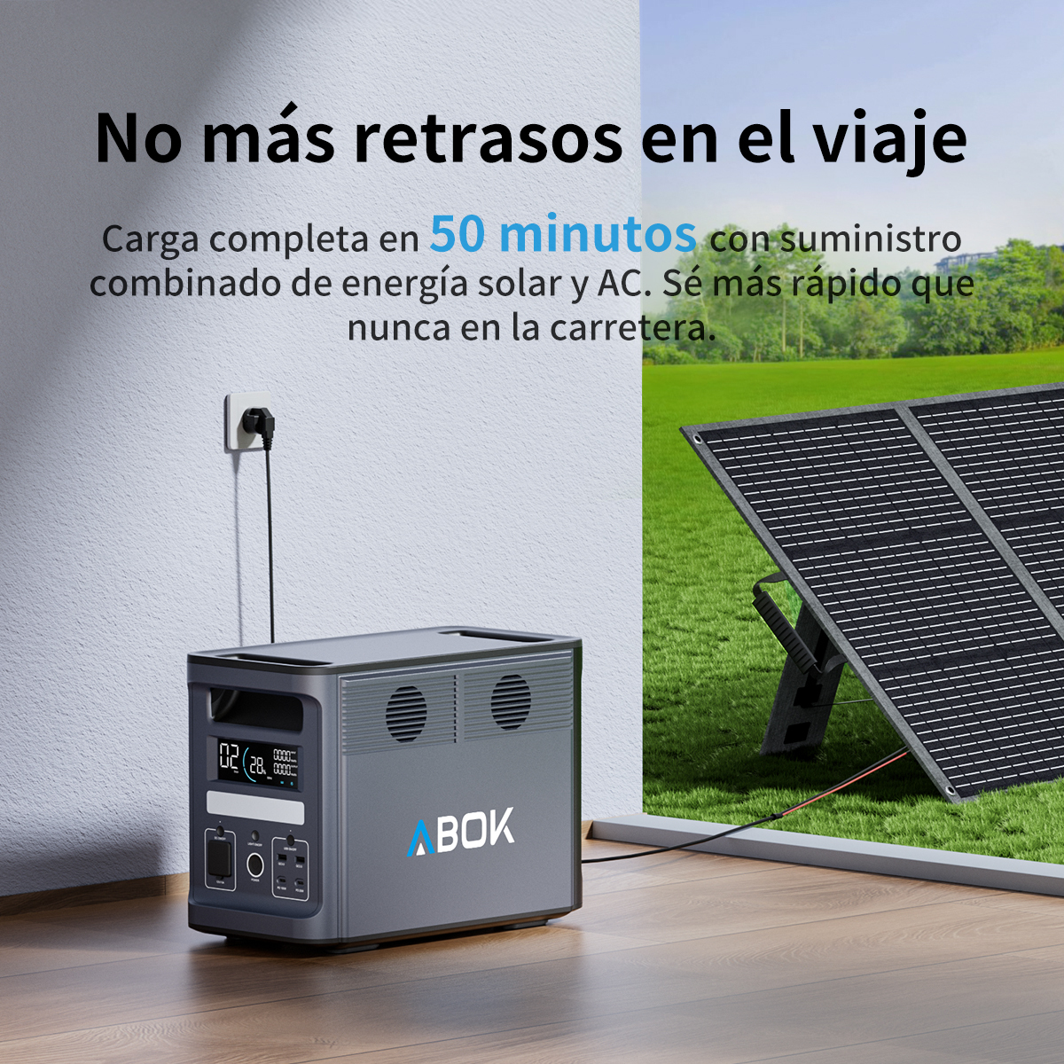 Estación de energía gris conectada a panel solar al aire libre. Carga en 50 min.