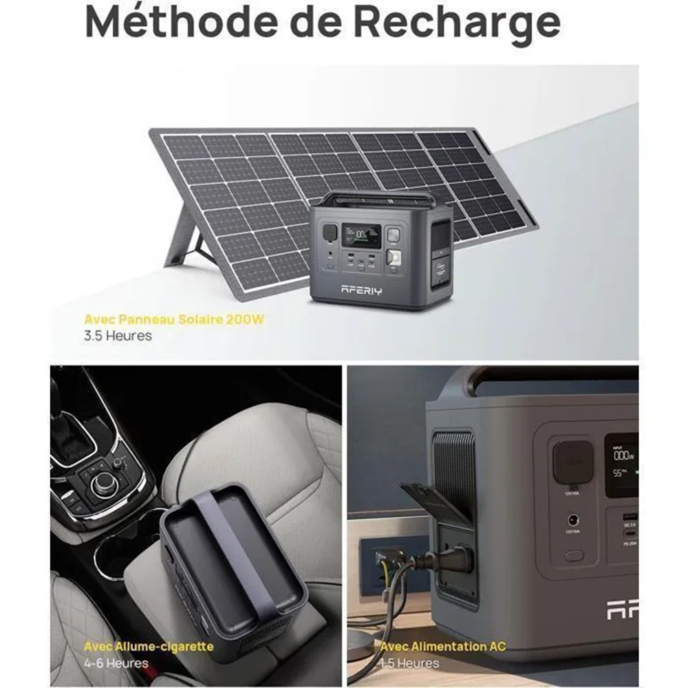 Estación de energía gris con panel solar, en coche y toma de CA.