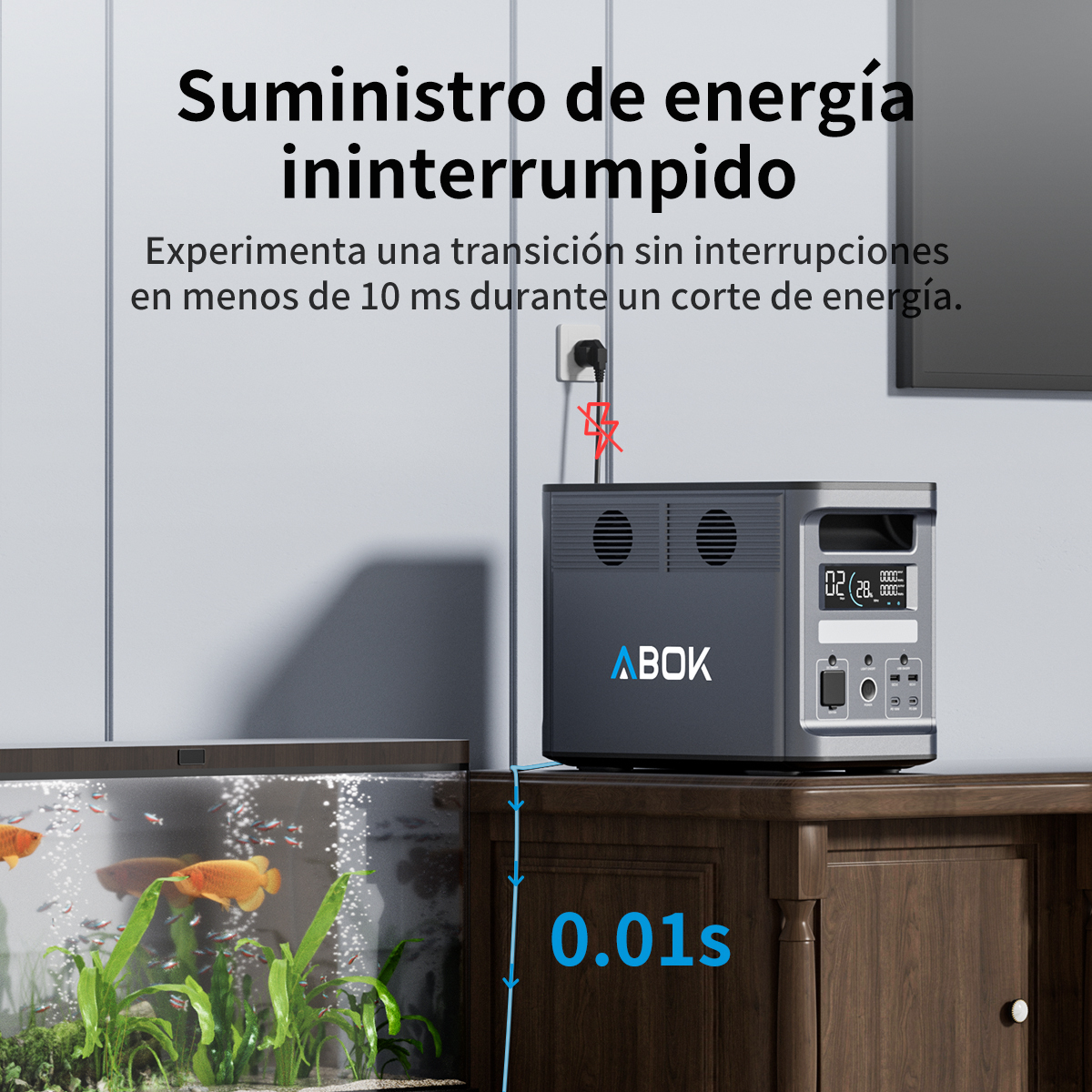 Una estación de energía gris junto a un acuario con peces. Se muestra 0,01s.