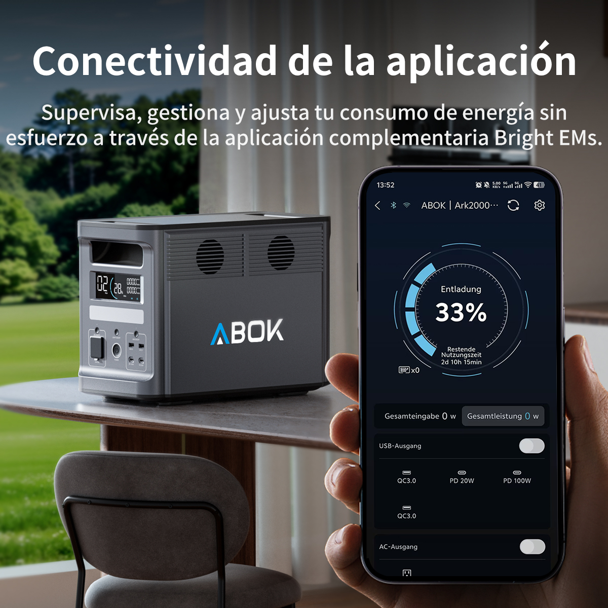 Estación de energía ABOK gris junto a un smartphone mostrando la app.