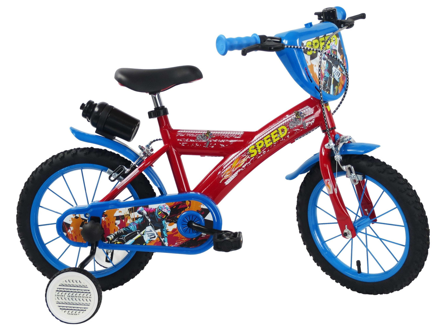 Bicicletta rossa per bambini con accenti blu, rotelle e decalcomanie.