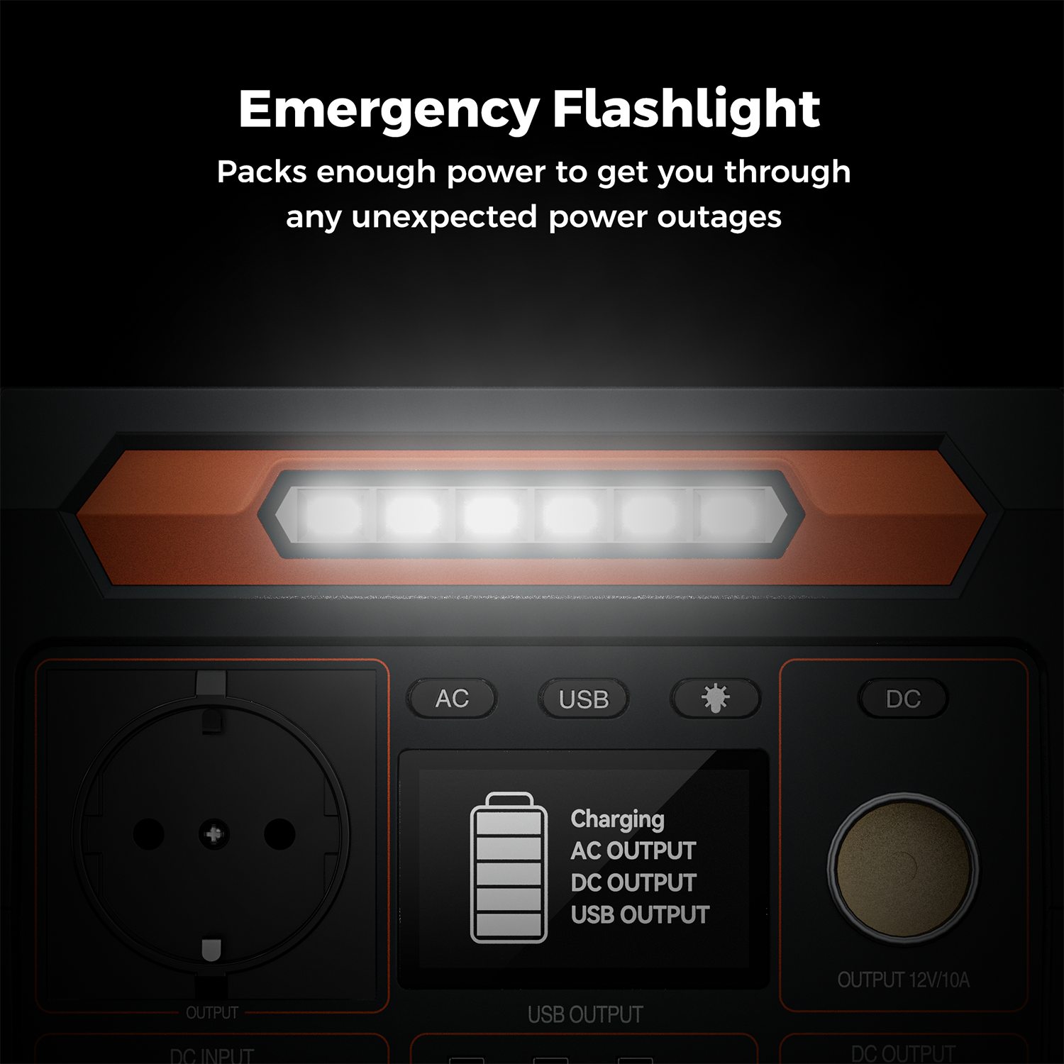 Linterna de emergencia con salidas AC, DC y USB. Luces arriba.