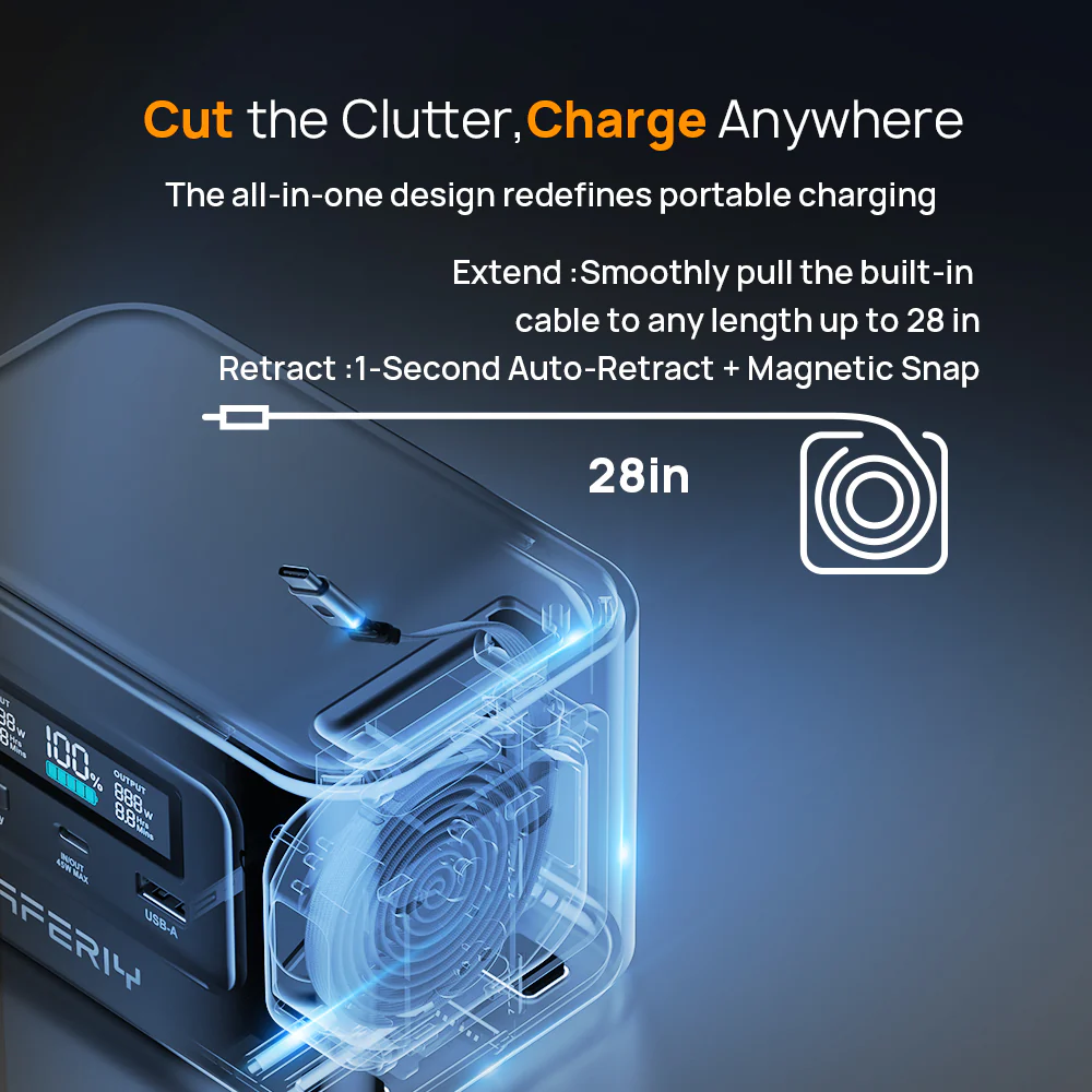 Un detalle de power bank transparente muestra un mecanismo de cable retráctil de hasta 28 pulgadas.