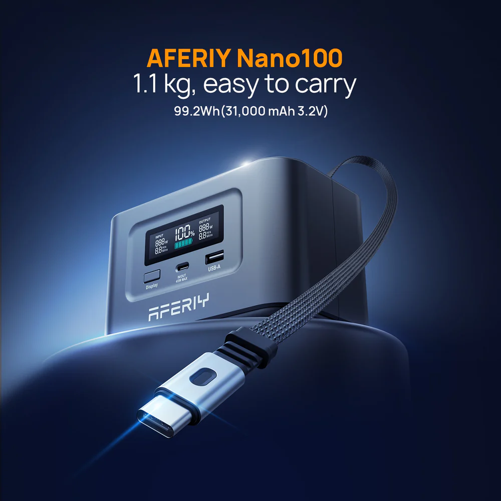 Power bank AFERIY Nano100, 1.1kg, con cable USB-A y USB-C.