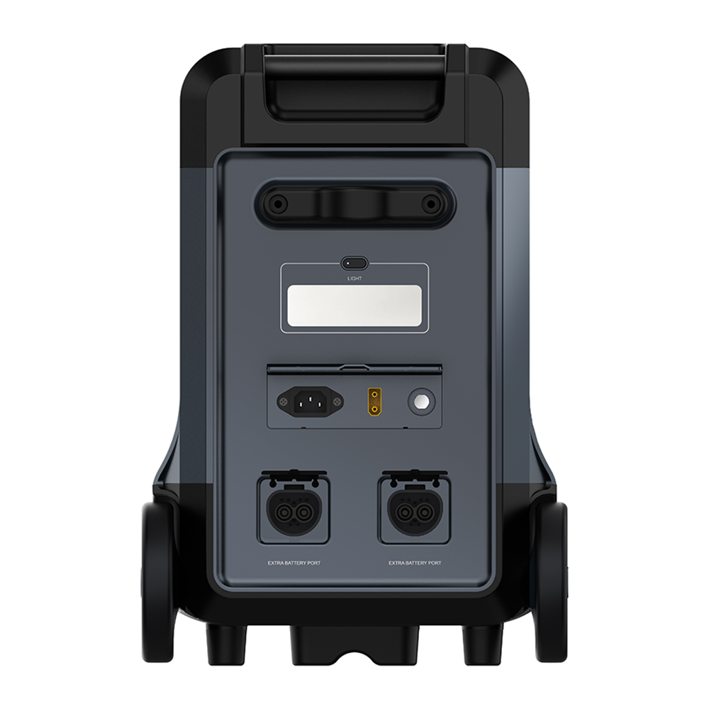 Parte trasera de una central eléctrica portátil negra y gris con puertos.
