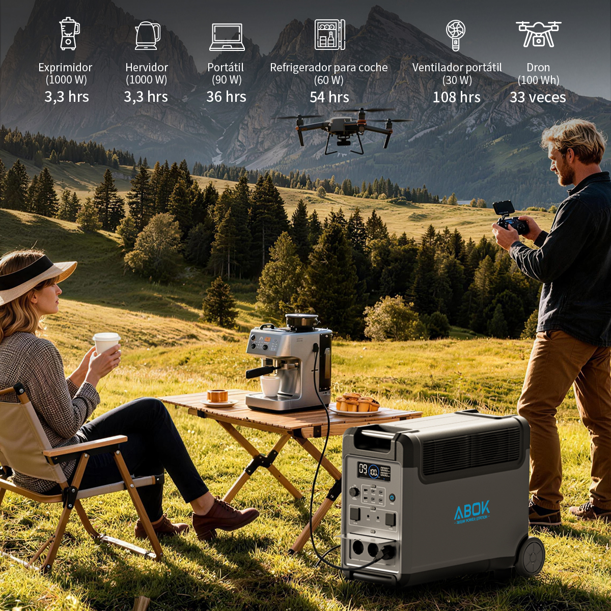 Una pareja acampa con una cafetera y una central eléctrica en las montañas.