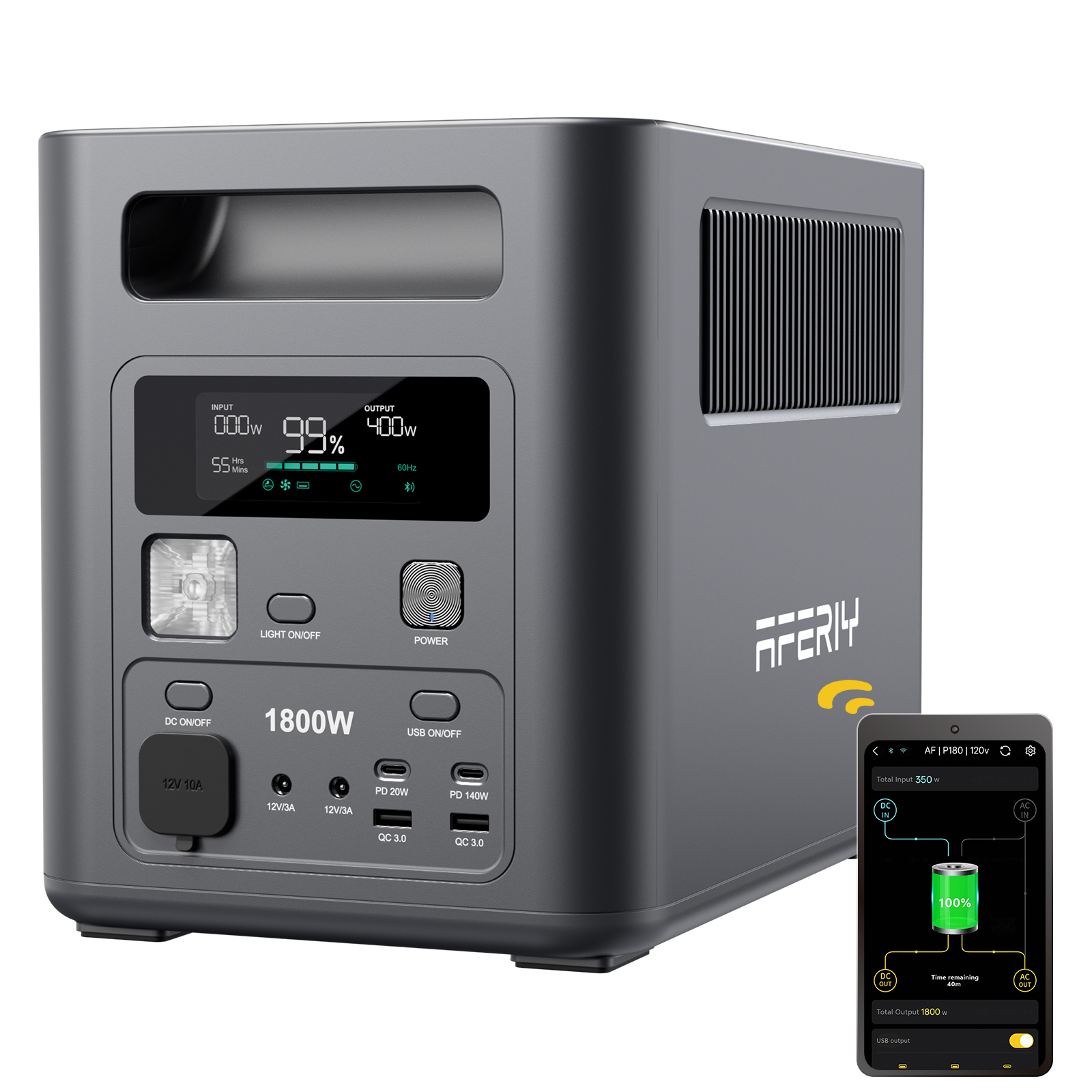 Estación de energía gris de 1800W con pantalla digital, puertos y app móvil.