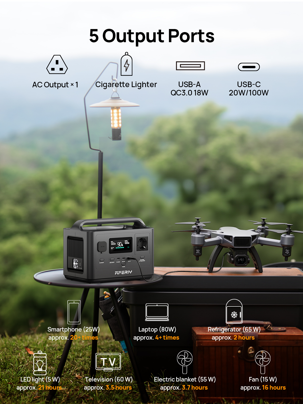 Estación de energía portátil con dron, lámpara y puertos al aire libre.