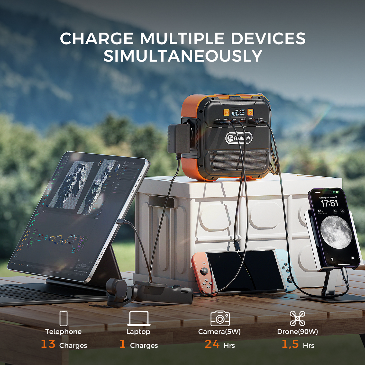 Un cargador portátil alimenta simultáneamente una tableta, un teléfono, una consola y un dron.