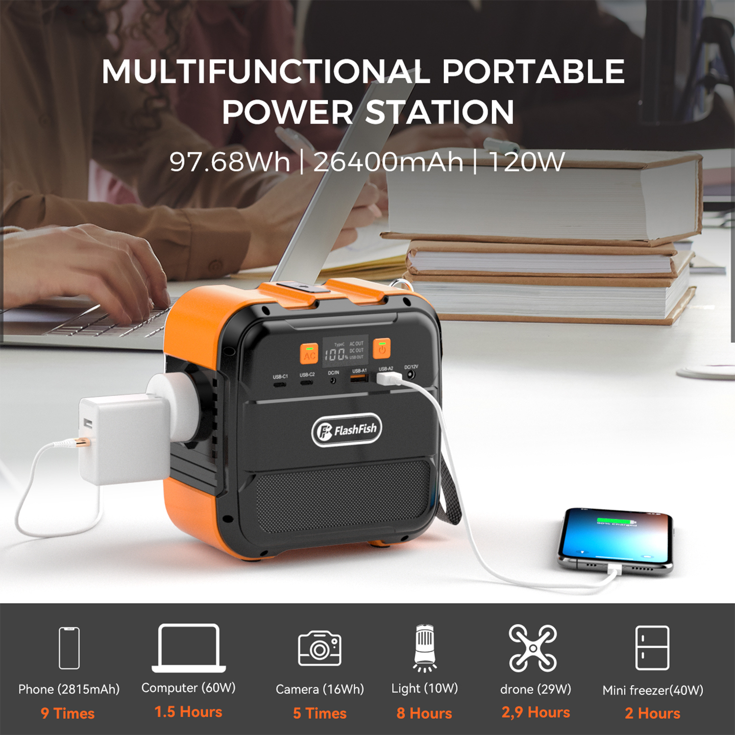 Estación de energía portátil naranja y negra con múltiples puertos, cargando un smartphone.