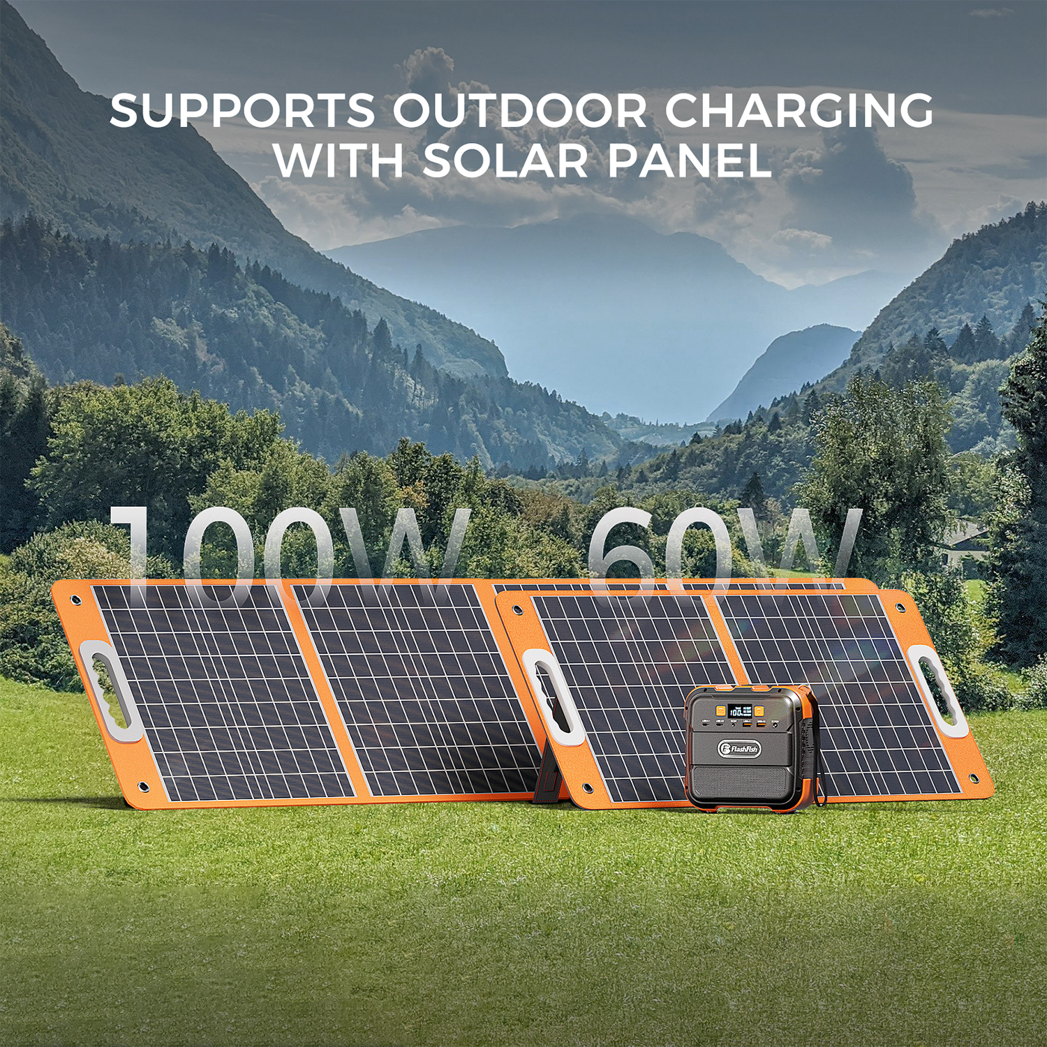 Paneles solares naranjas con un pequeño generador de energía negro sobre césped verde.