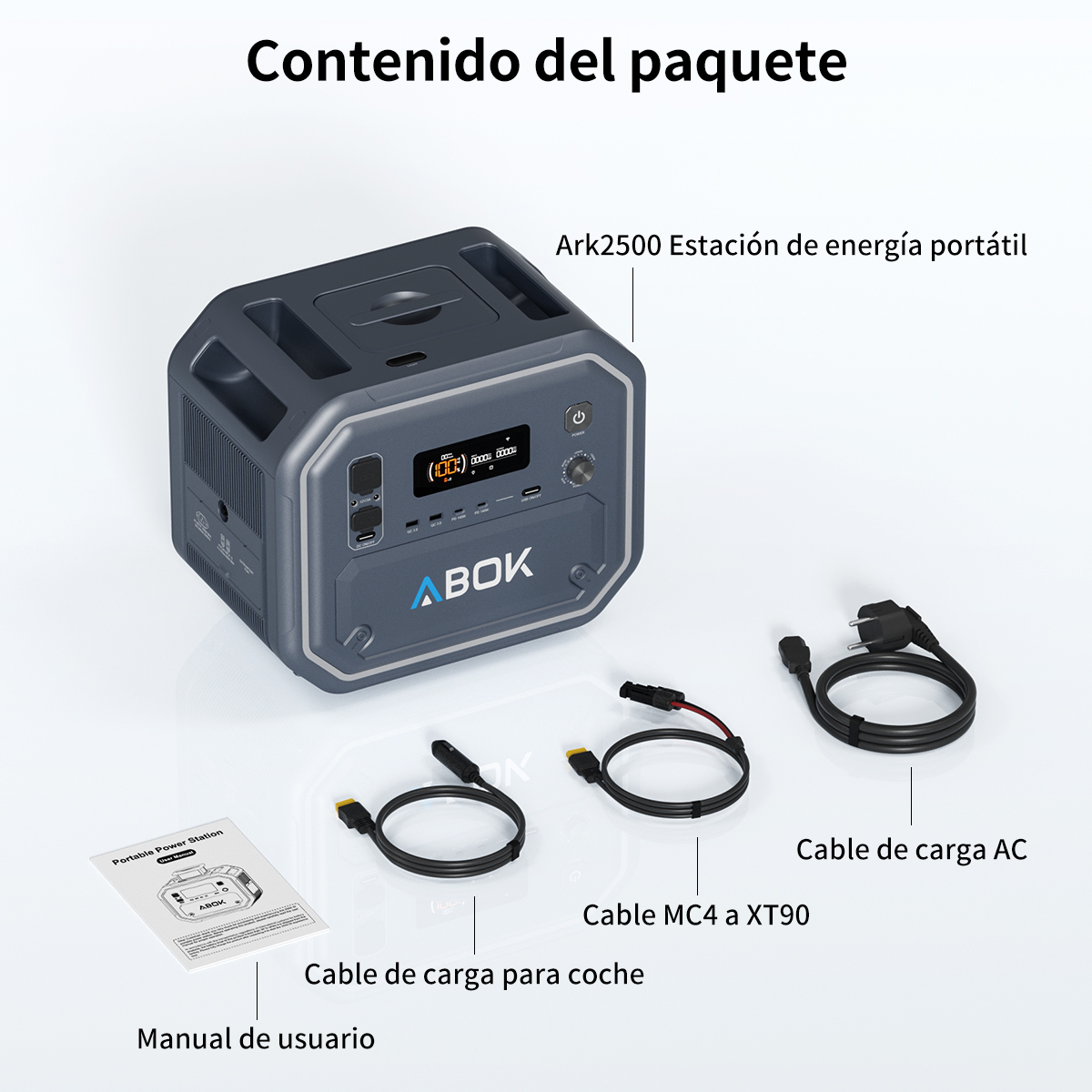 Estación de energía portátil gris con accesorios: cable CA, cargador de coche, cable MC4 a XT90.
