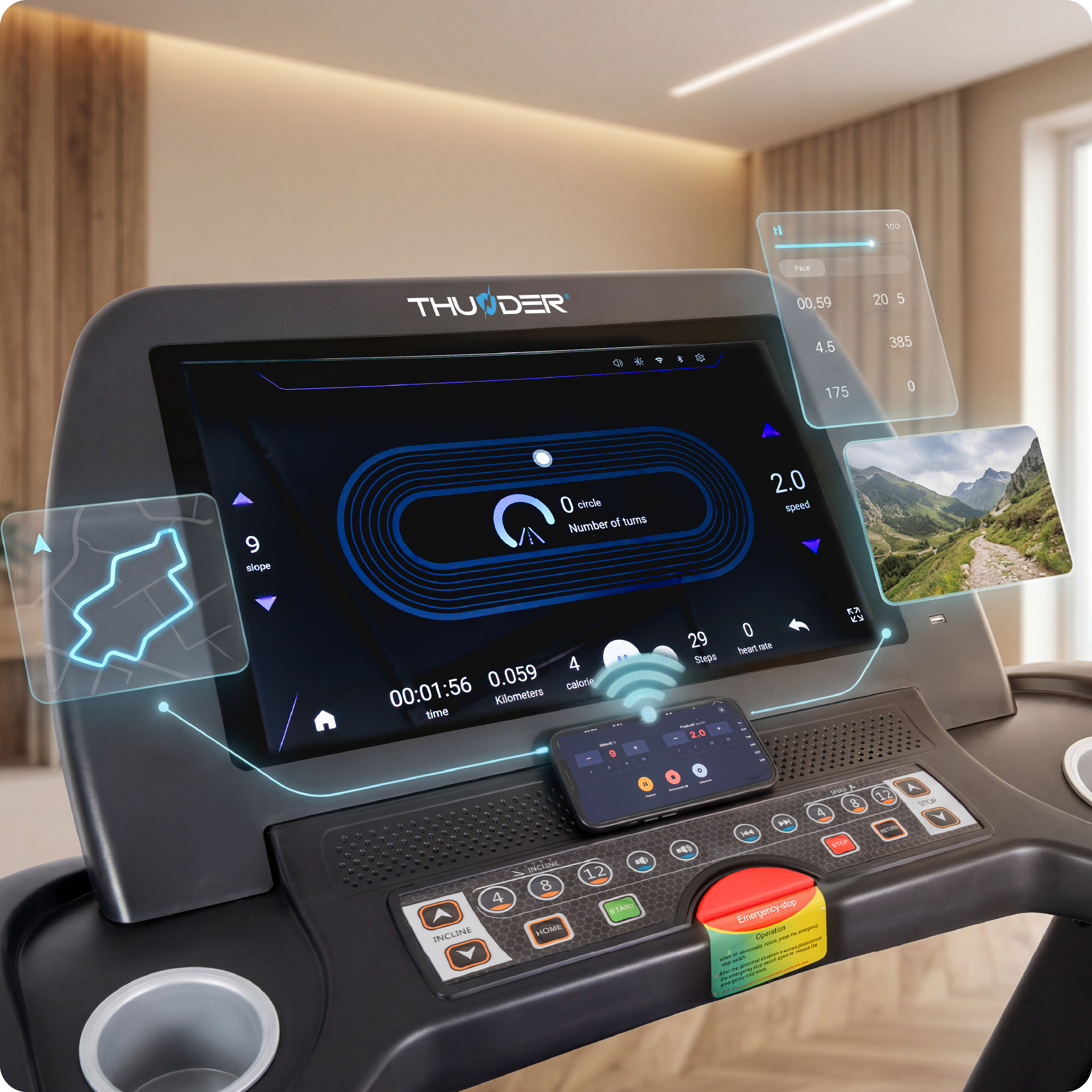 Ein Laufband mit einem digitalen Display, das Trainingsdaten und ein Bergpanorama anzeigt.