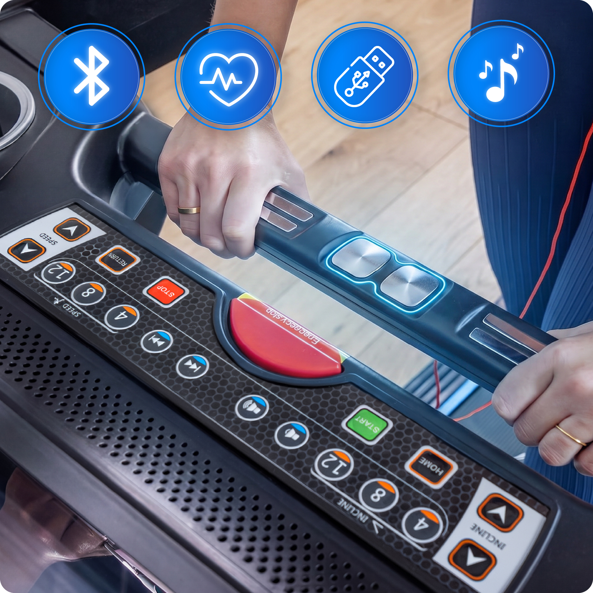 Eine Person benutzt ein Laufband mit Symbolen für Bluetooth, Herzfrequenz, USB und Musik.