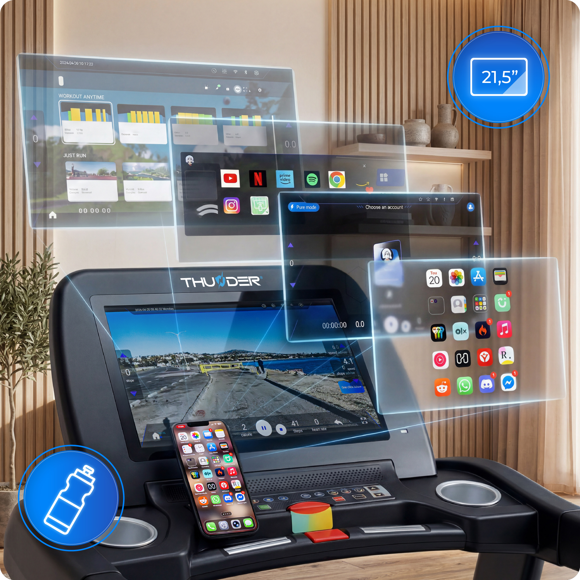 Ein Laufband mit einem großen Touchscreen, das Apps, Videos und Trainingsdaten anzeigt.