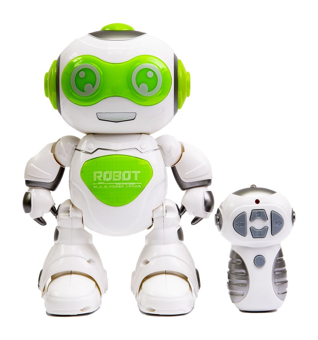 Biały i zielony robot z pilotem stoi na białym tle.