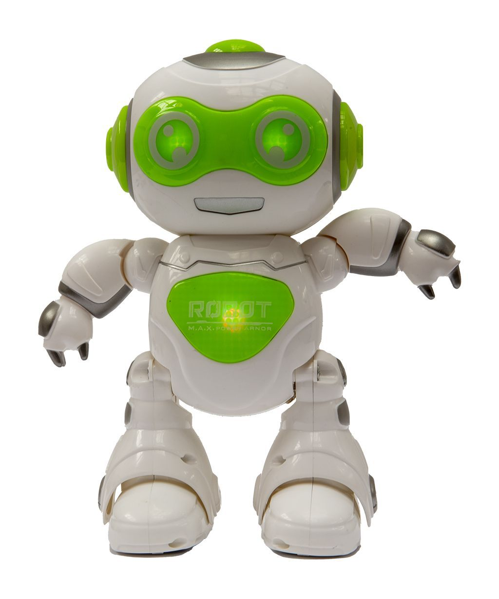 Biały i zielony robot stoi na białym tle.