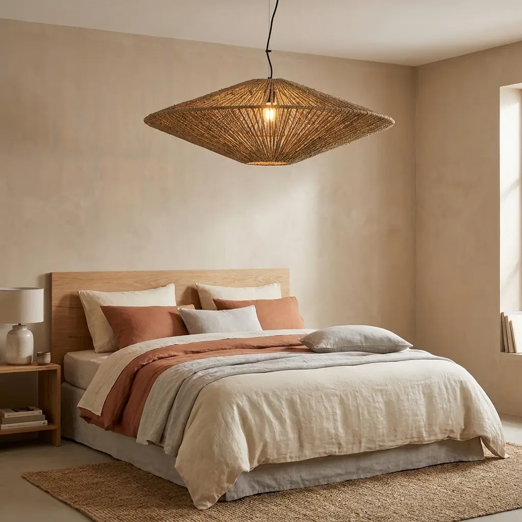 Un dormitorio con una cama vestida con ropa de cama color crema y óxido.