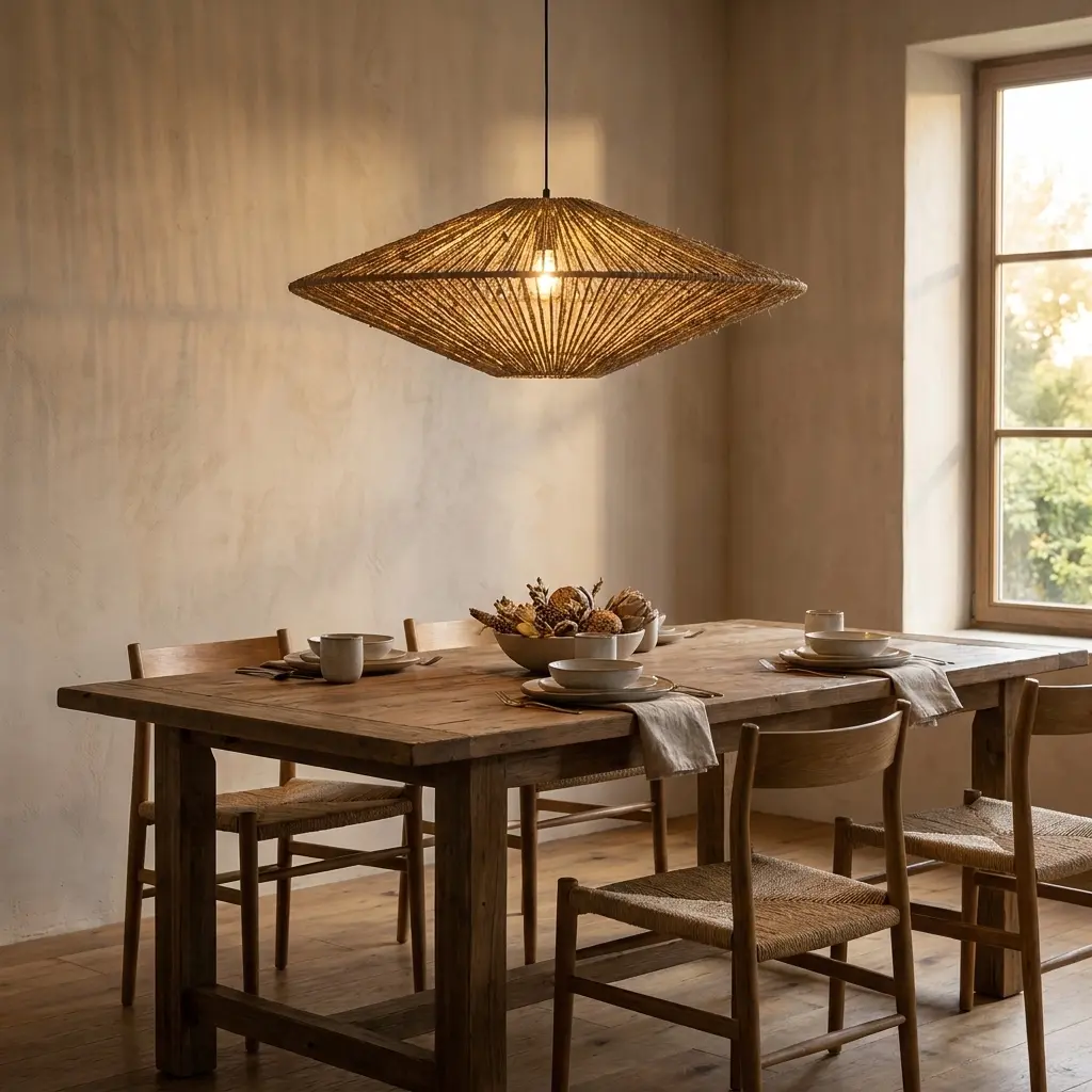 Una mesa de comedor rústica de madera con sillas, iluminada por una lámpara colgante.