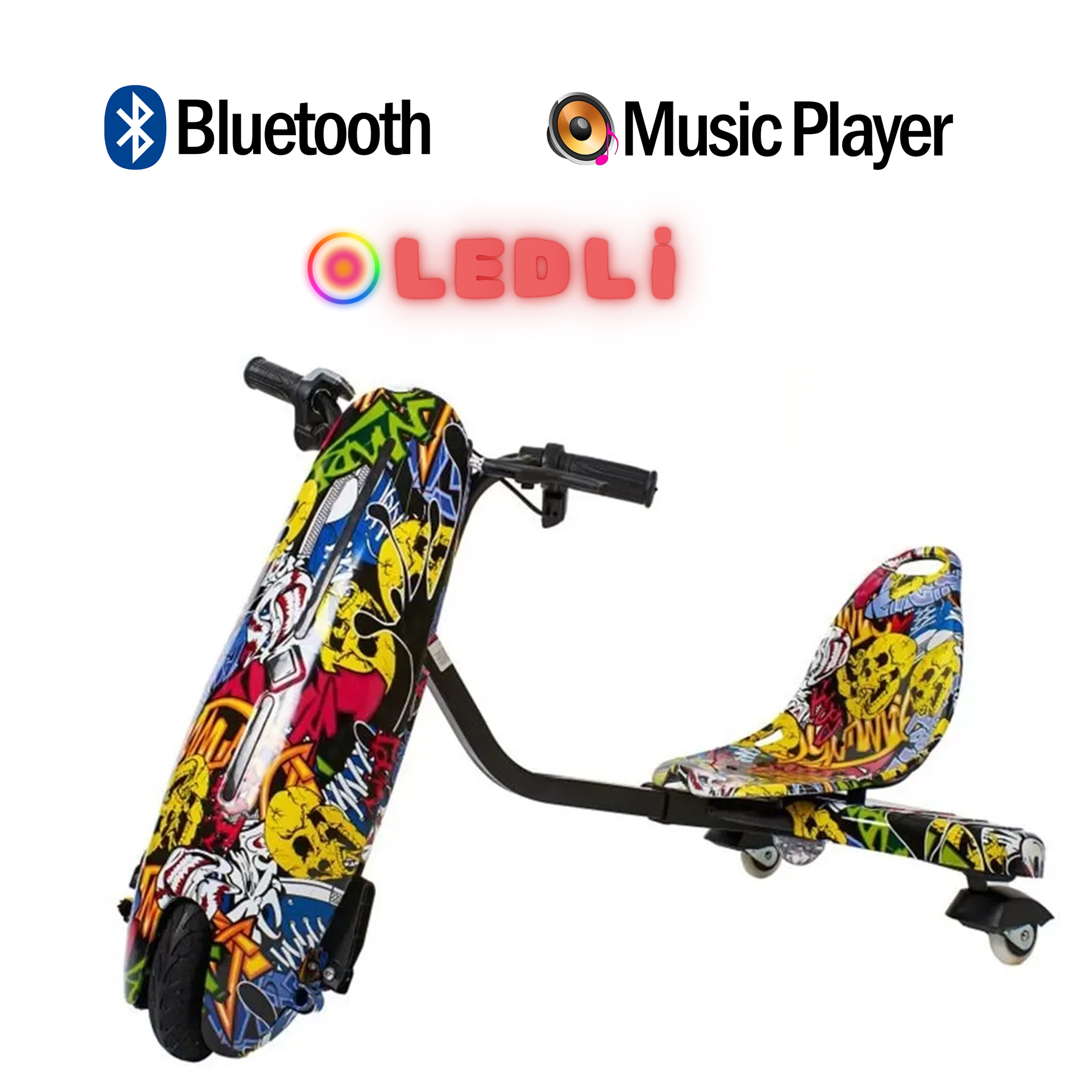 Kurukafa çıkartmaları ve LEDLI yazısı bulunan renkli drift scooter.