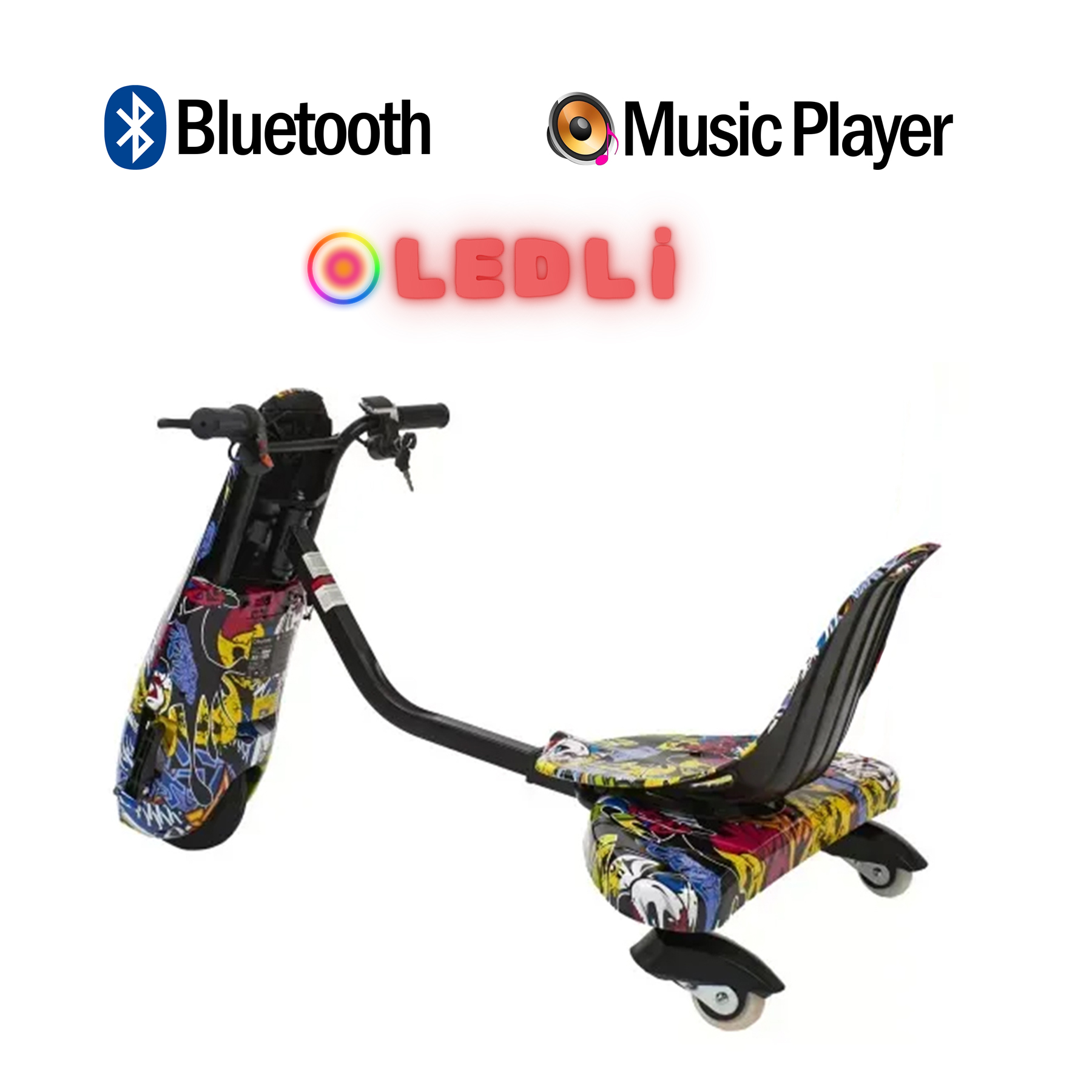 Bluetooth ve Müzik Çalar simgeli, rengarenk, grafiti kaplı üç tekerlekli scooter.