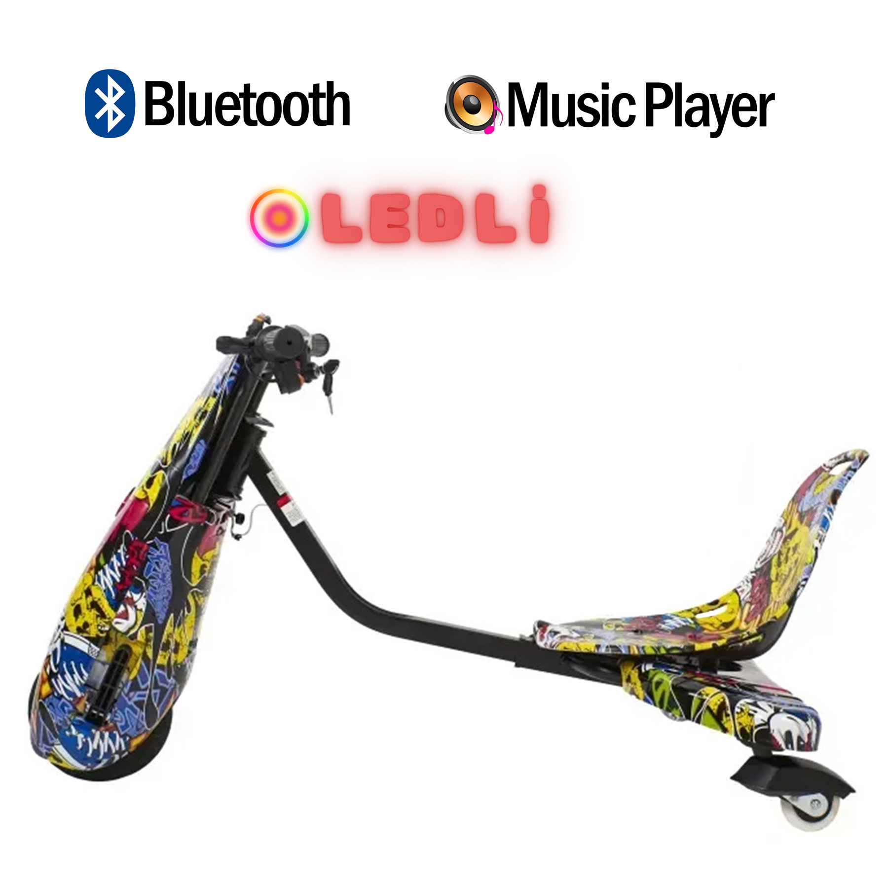 Grafiti tasarımlı renkli scooter, Bluetooth ve müzik çalar simgeleri.
