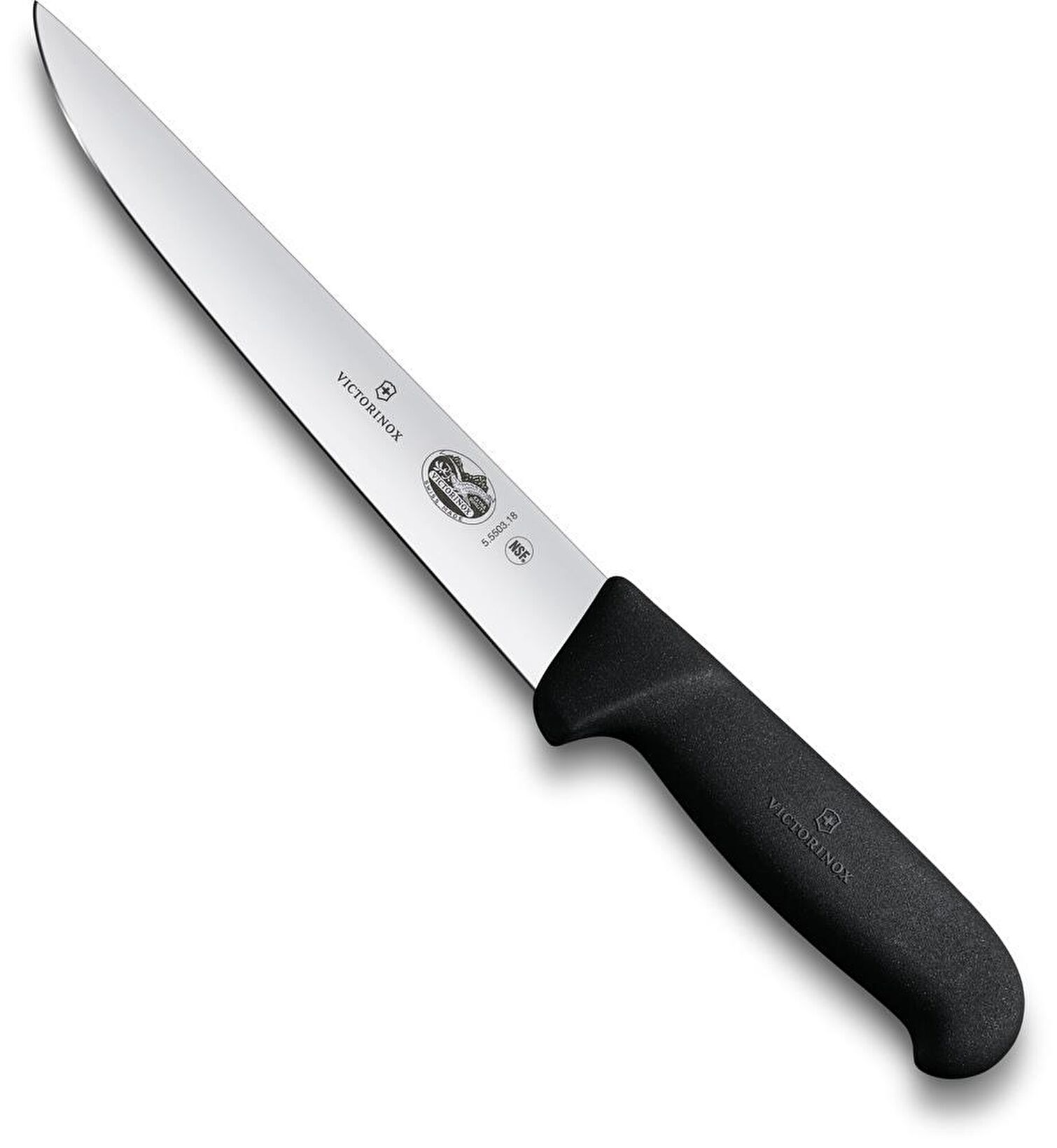 Siyah saplı ve cilalı bıçaklı zarif bir Victorinox mutfak bıçağı.