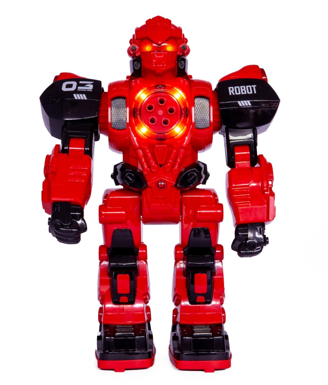Jasnoczerwony robot z czarnymi akcentami i światłami.