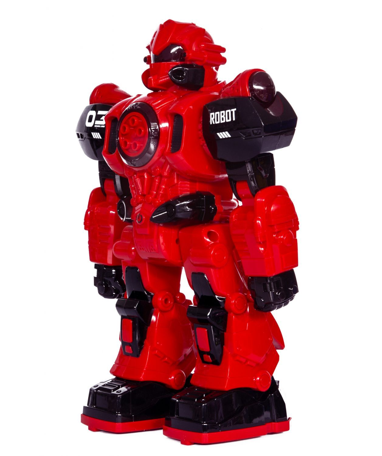 Stojący czerwono-czarny robot zabawkowy z detalami "03" i "ROBOT".