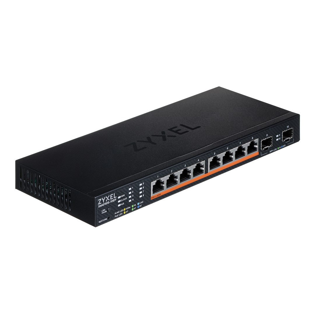 Switch di rete Zyxel nero con 10 porte e LED di stato.