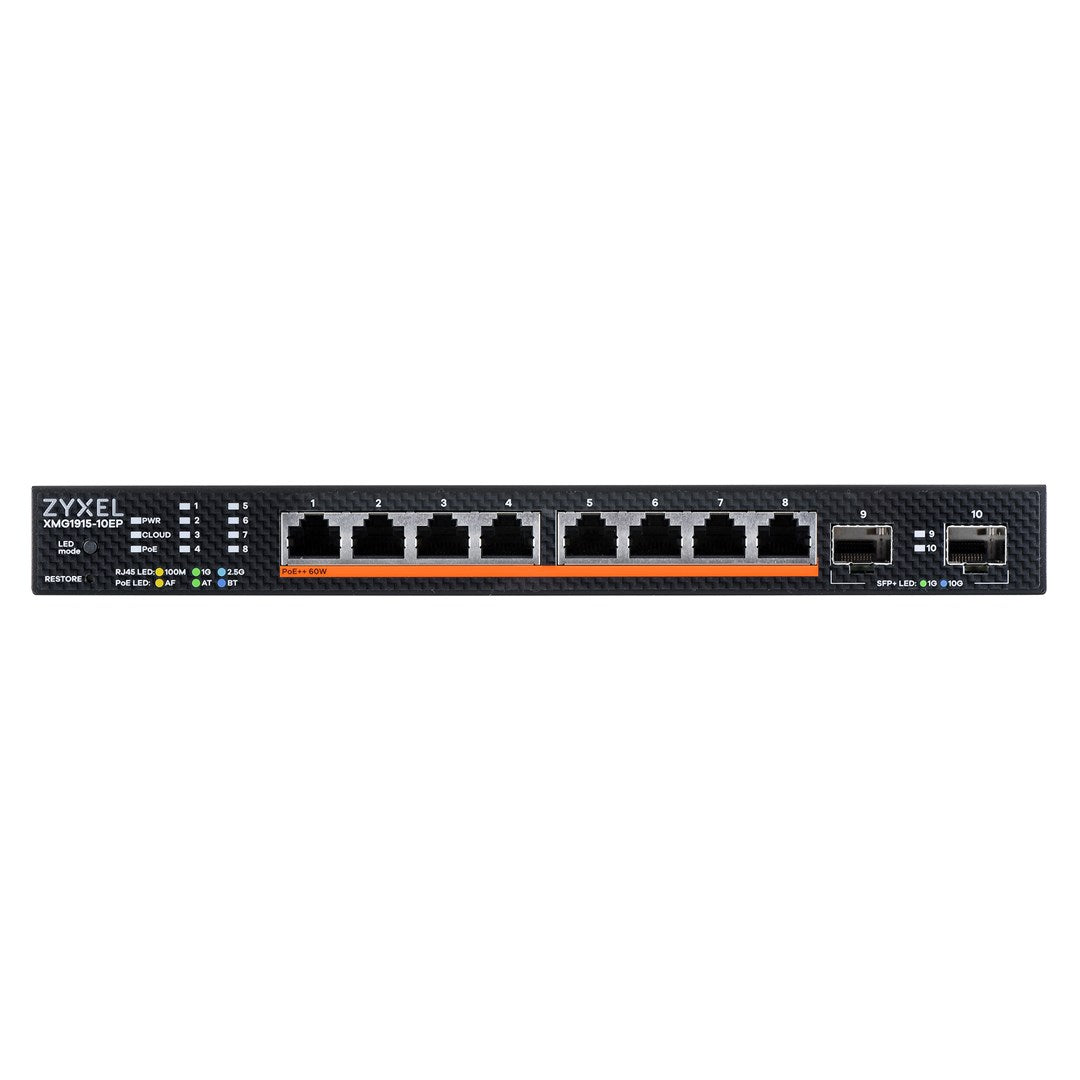 Switch di rete Zyxel con 10 porte, indicatori LED ed etichetta "PoE++ 60W".
