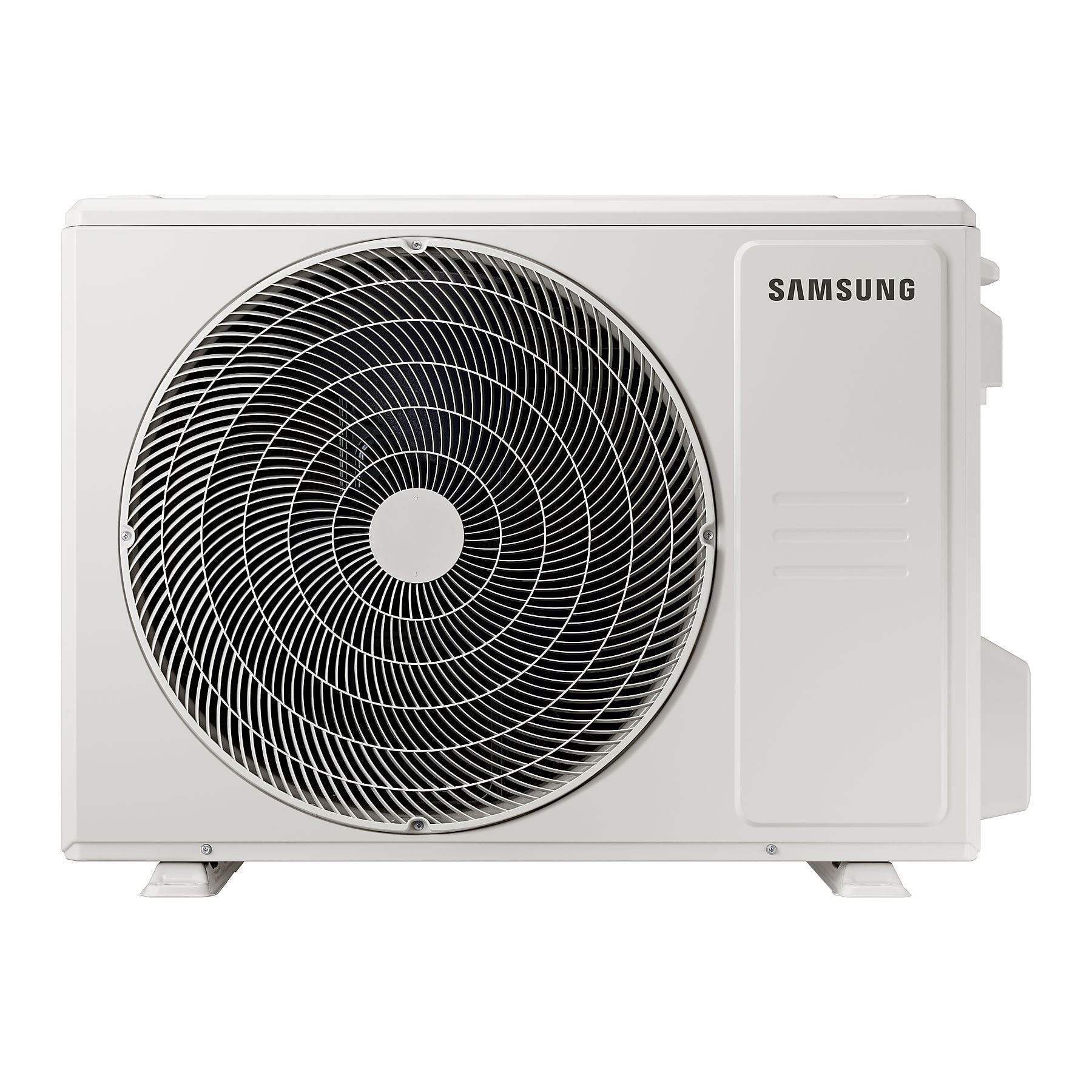Unità esterna climatizzatore Samsung bianco con griglia e logo.