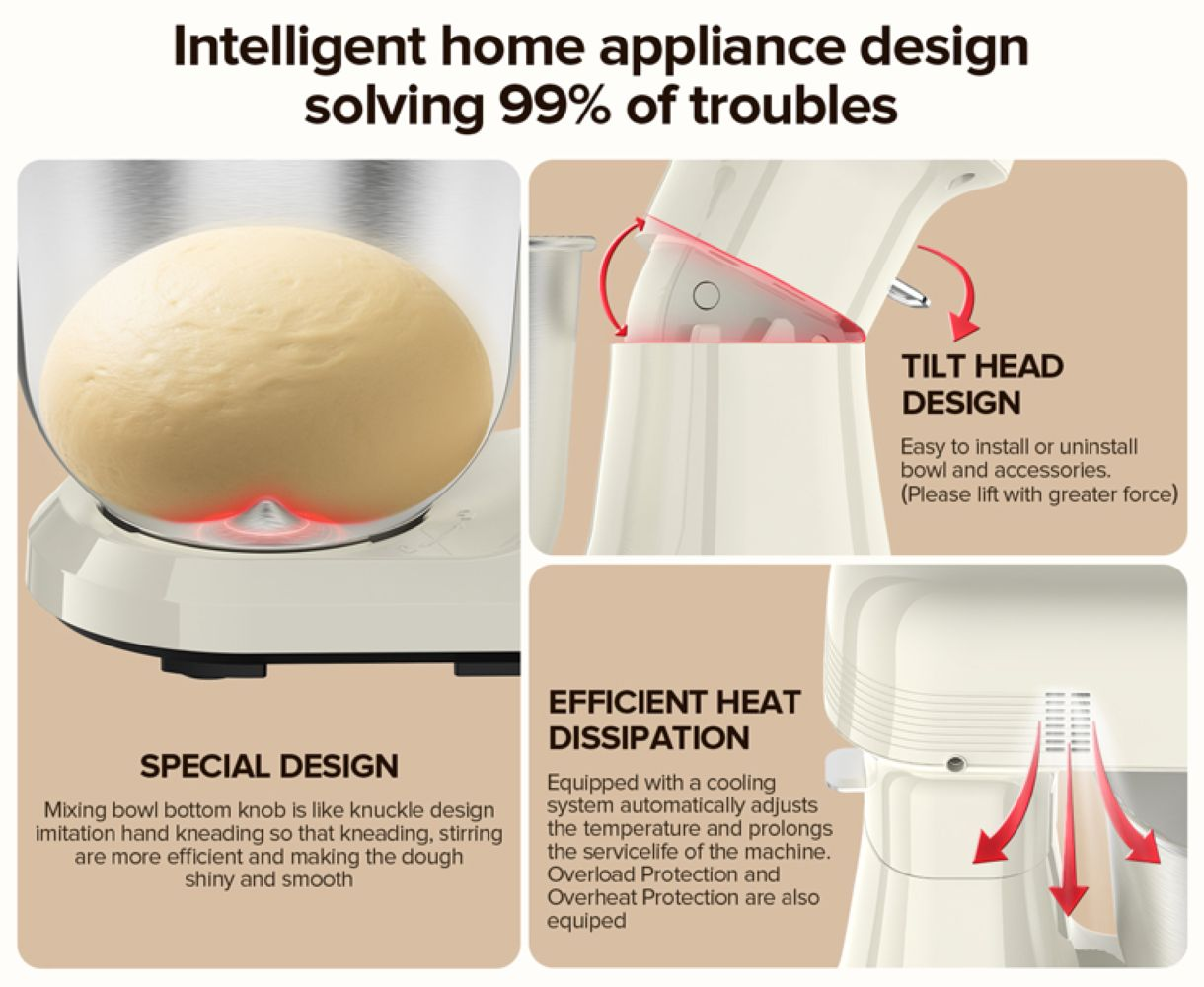Una batidora de cocina con masa, diseño de cabezal inclinable y disipación de calor.