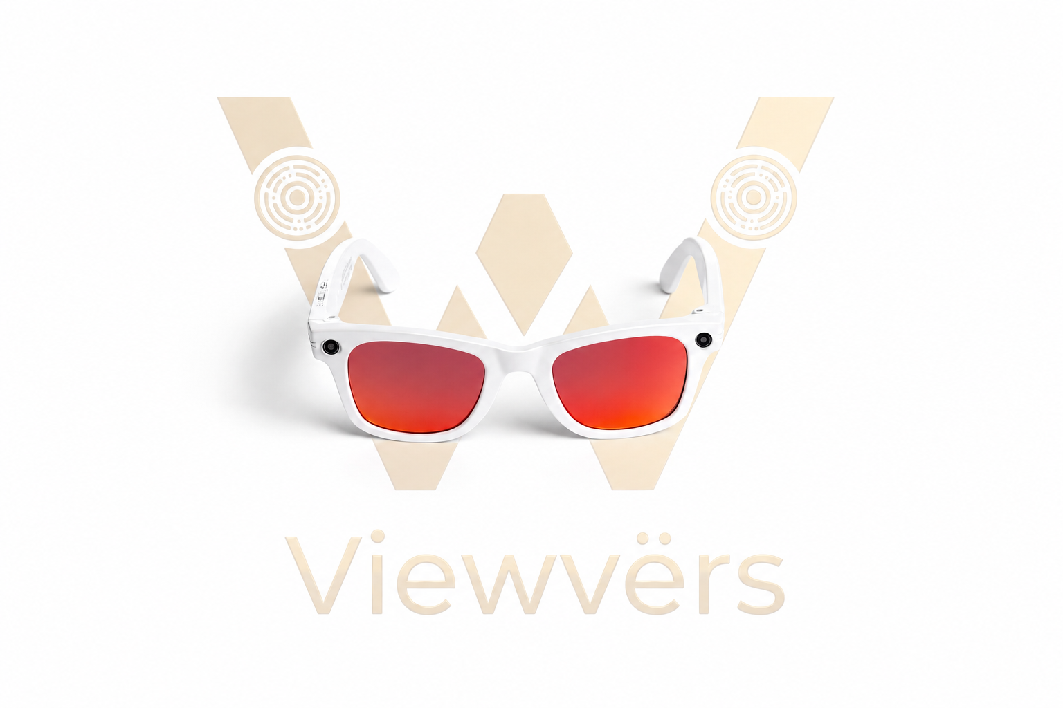 Gafas de sol blancas con lentes rojas y cámaras frente a un logo.