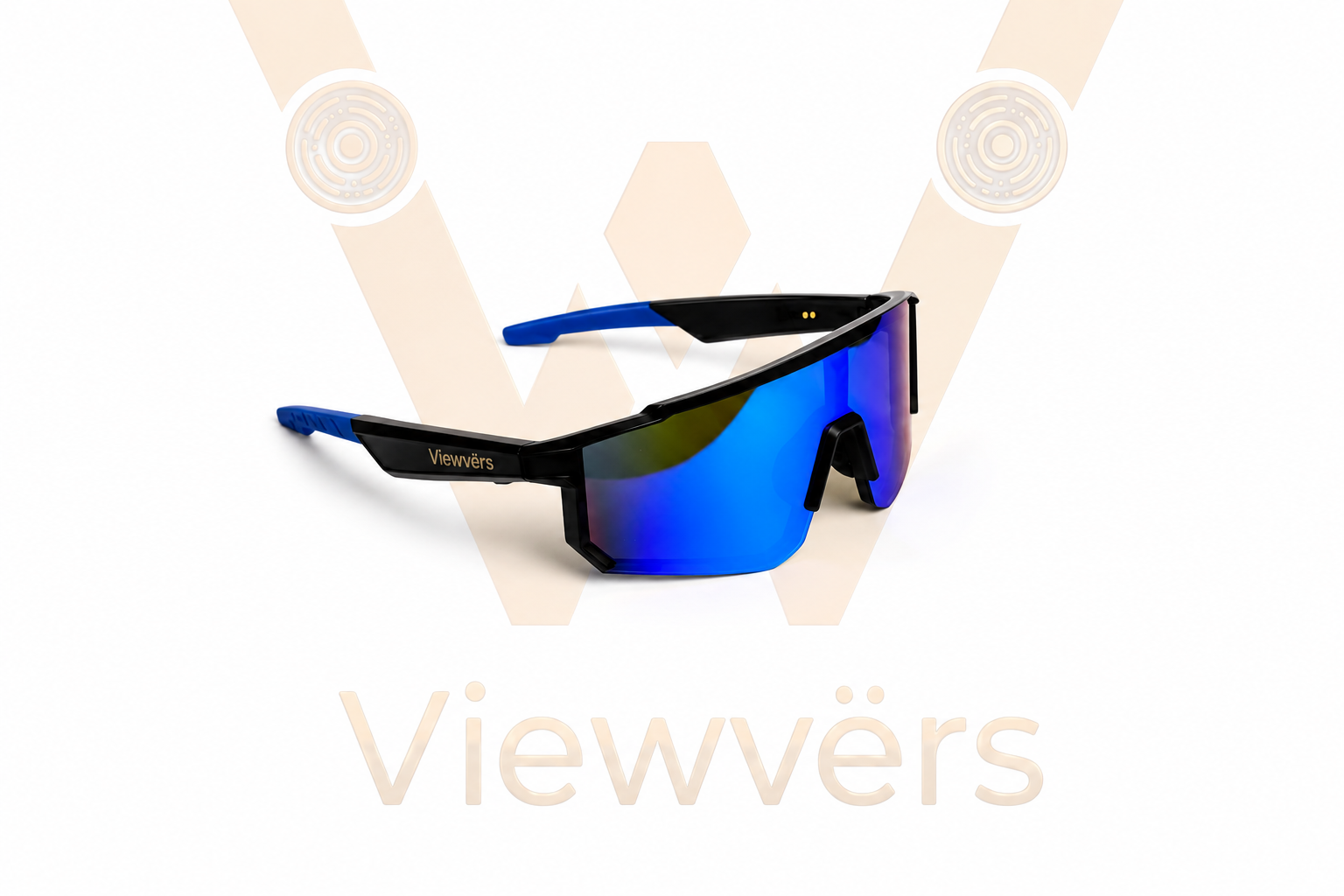 Gafas de sol deportivas negras con lentes de espejo azules y patillas azules.