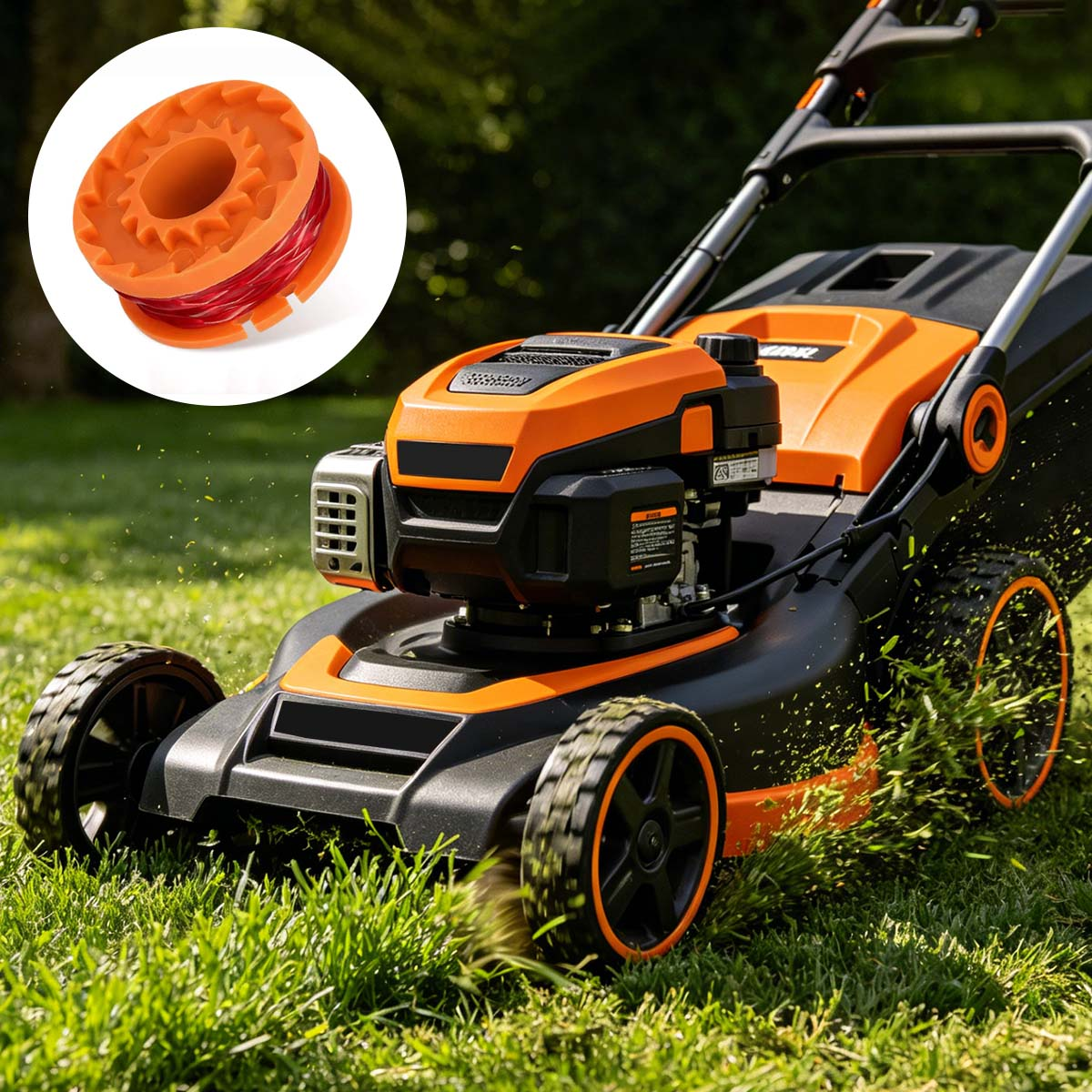 Een oranje spoelkop met rood koord ligt over een grasmaaier die gras maait.