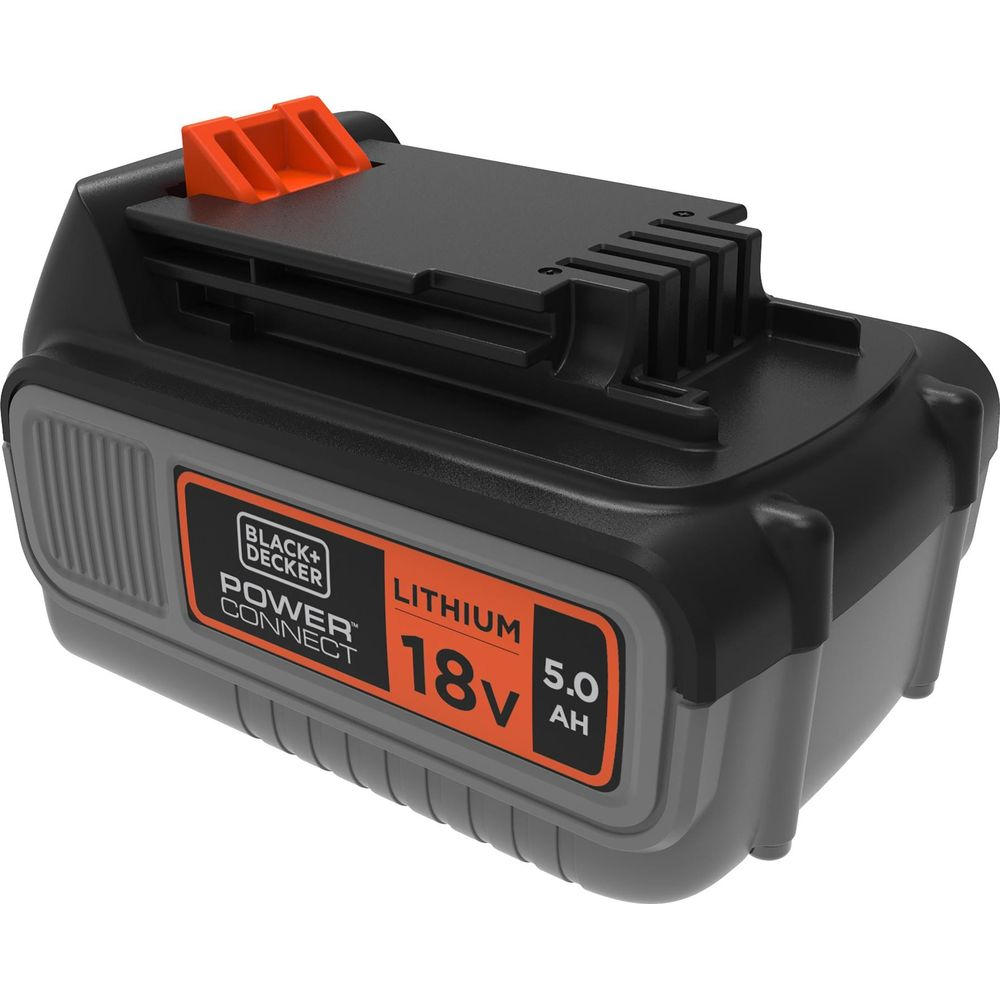 Czarna bateria Black+Decker 18V litowa 5.0 Ah z pomarańczową dźwignią zwalniającą.
