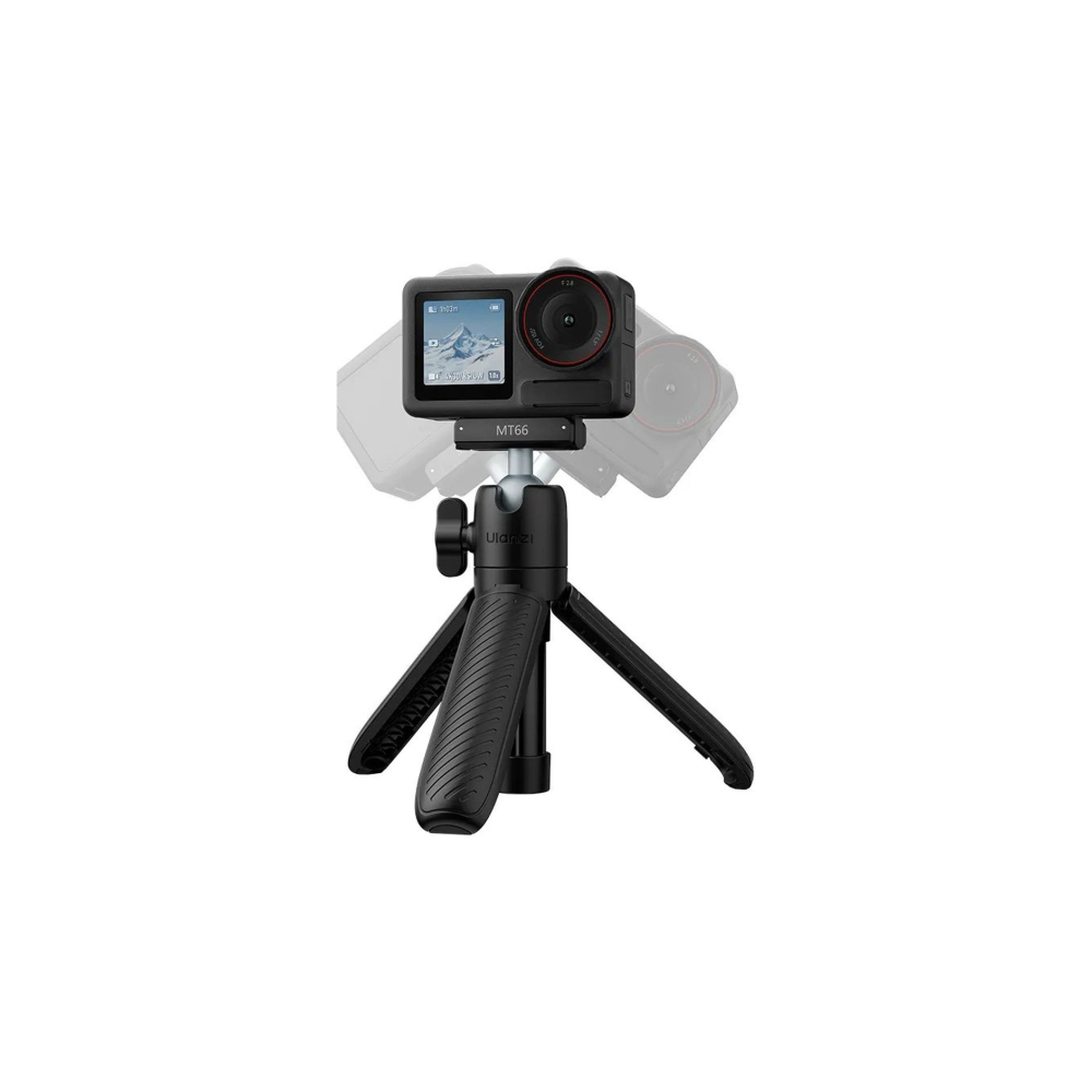 Una action cam nera su un piccolo treppiede. La fotocamera ha schermo e obiettivo.