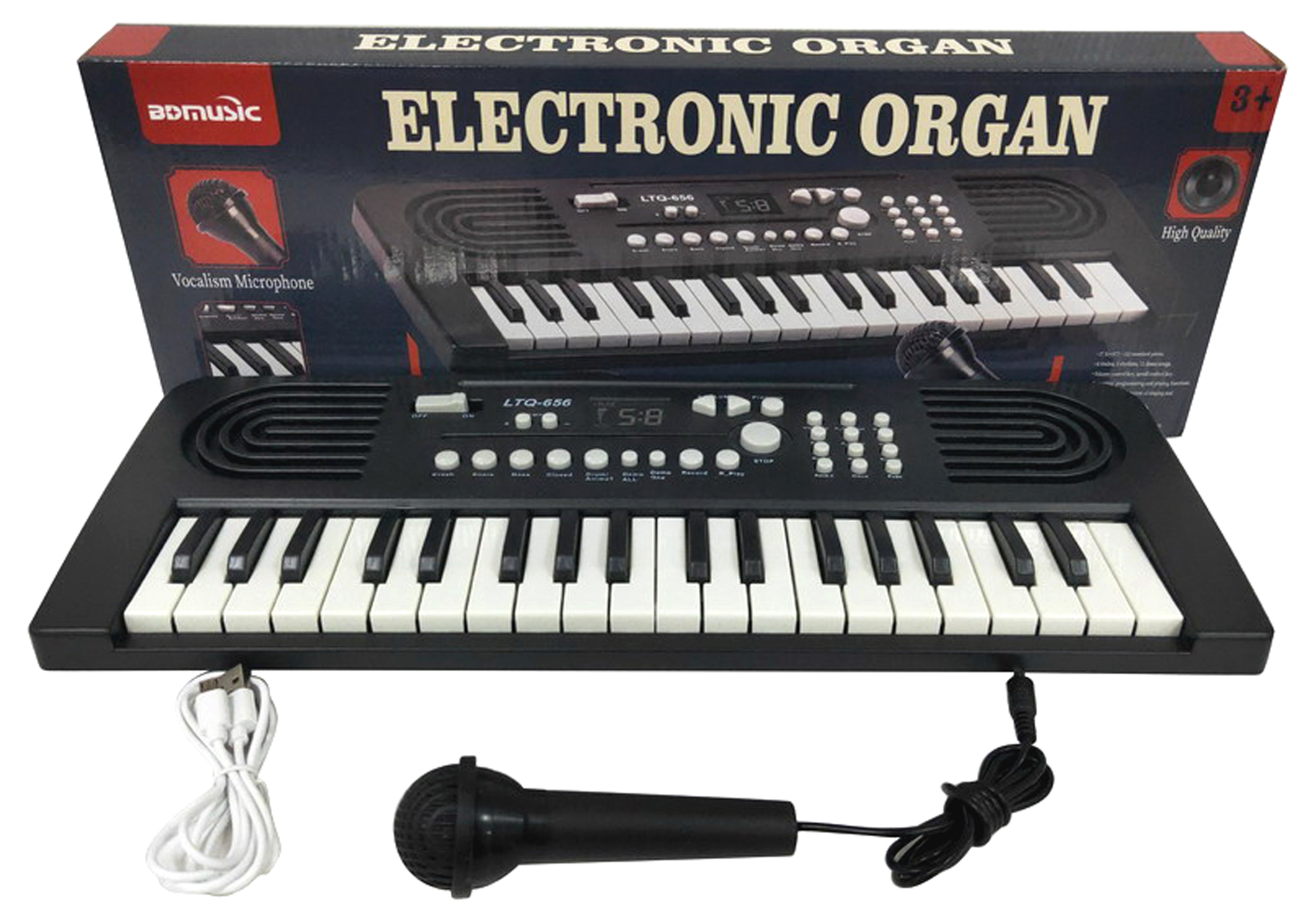 Czarny keyboard elektroniczny z mikrofonem i kablem USB, na białym tle.