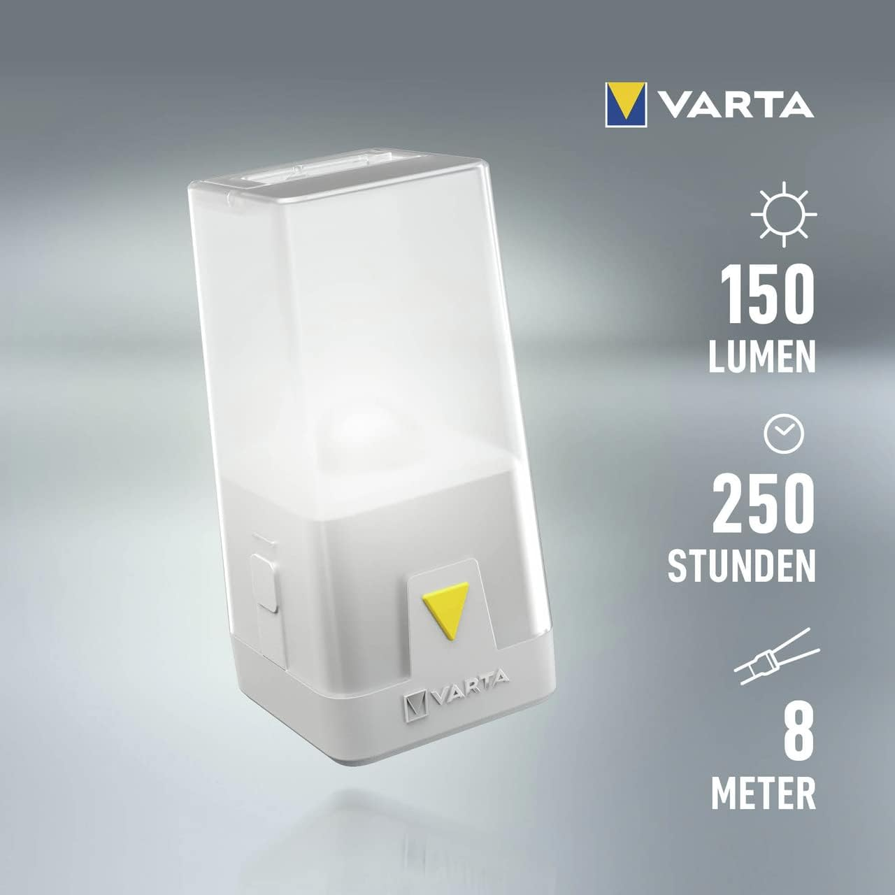 Una lanterna bianca Varta da 150 lumen, 250 ore di autonomia, 8m di raggio.