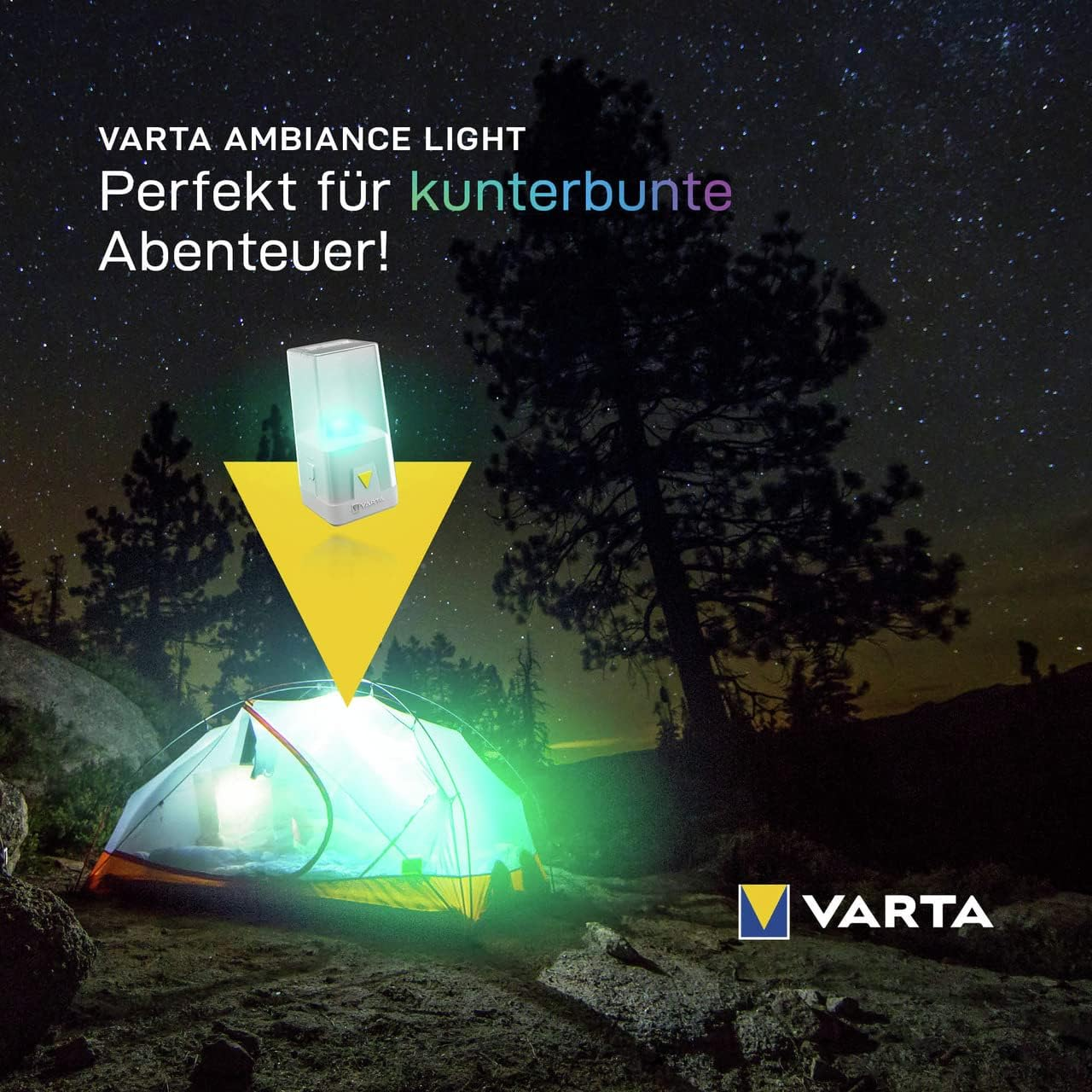 Varta Ambiance Light: Una tenda illuminata sotto un cielo stellato.