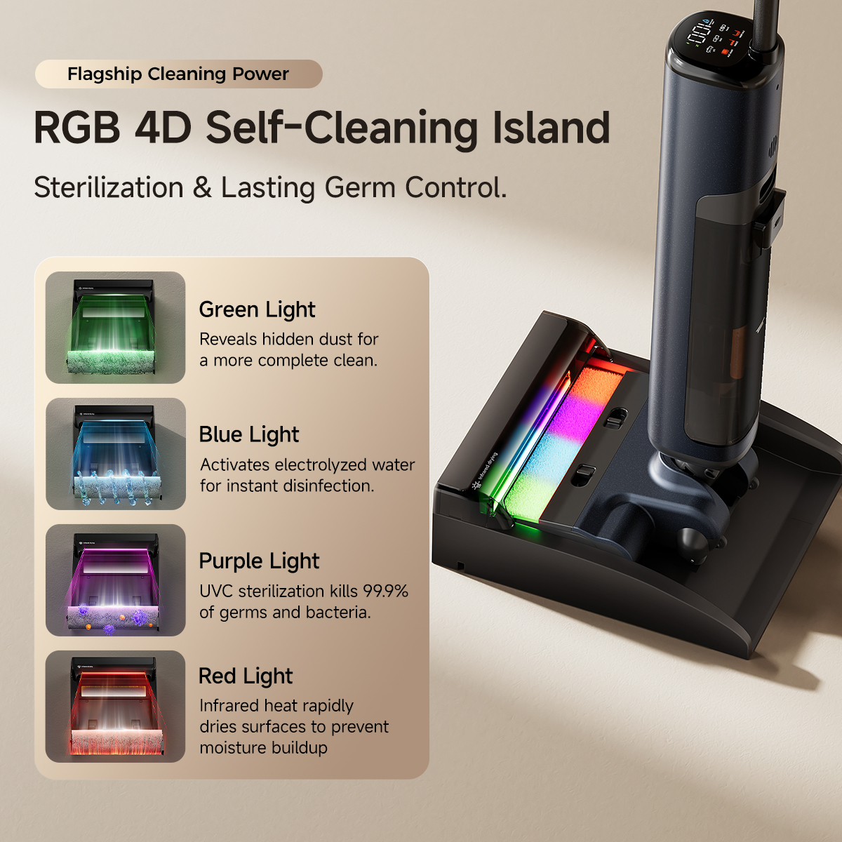 Ein Staubsauger mit Ladestation und RGB-Lichteffekten für Reinigung und Desinfektion.