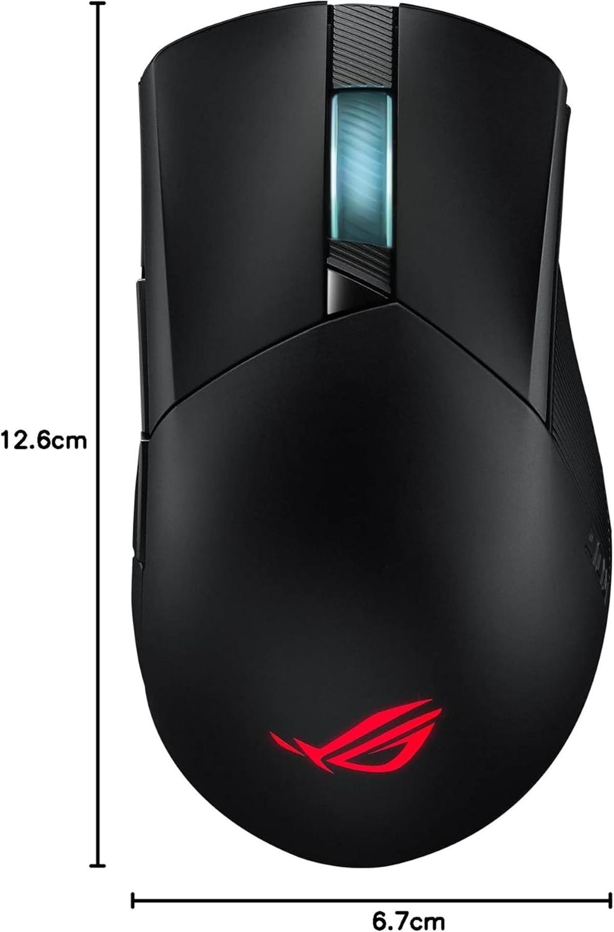 Schwarze Gaming-Maus mit leuchtend rotem Logo und blauem Lichtstreifen.