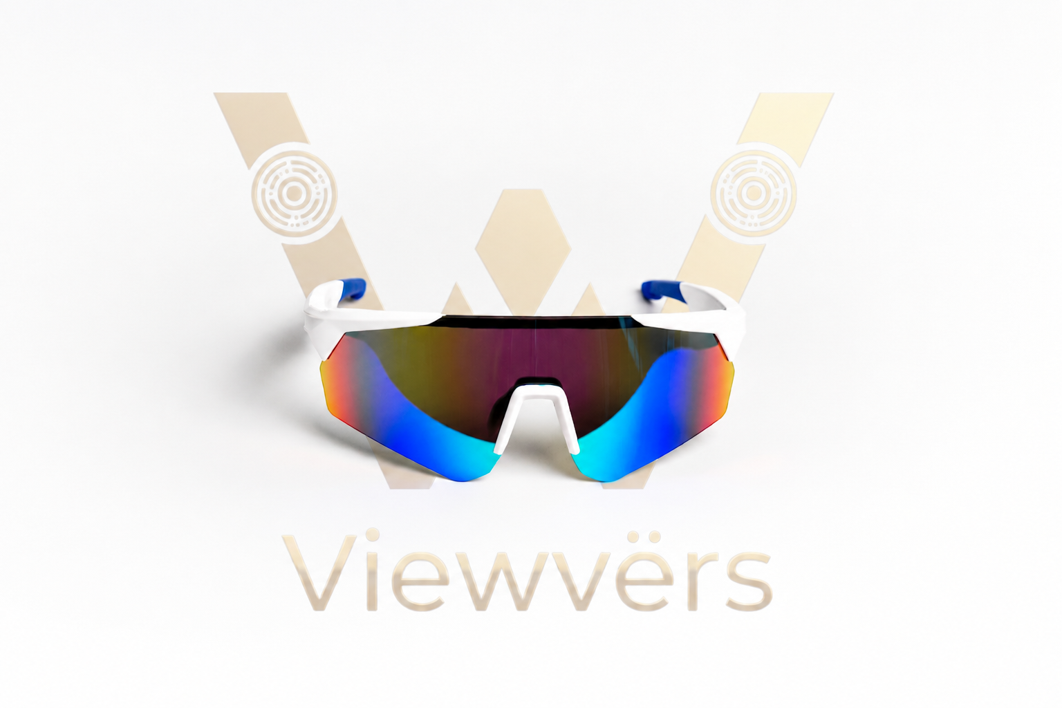 Gafas deportivas blancas con lentes espejadas y puntas azules.